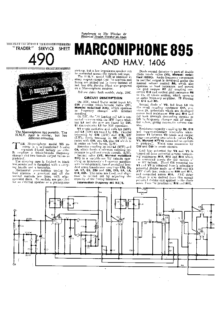 HMV 1406 MARCONIPHONE 895 RECEIVER 1940 SCH service manual