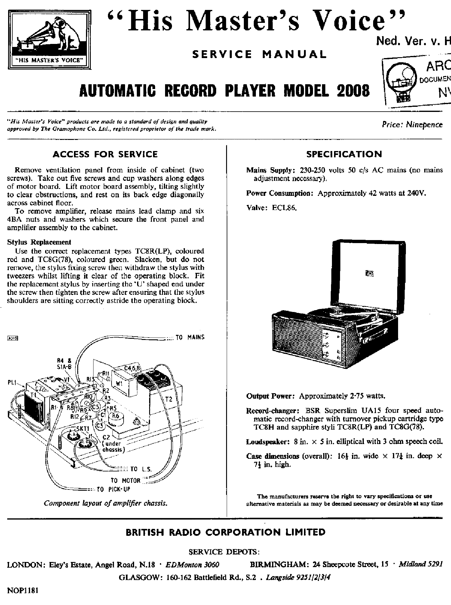 HMV 2008 PORTABLE AUTOMATIC RECORD PLAYER SCH Service Manual download