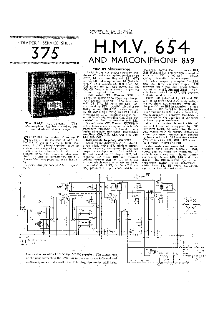 HMV 654 MARCONIPHONE 859 RADIO 1938 SM service manual