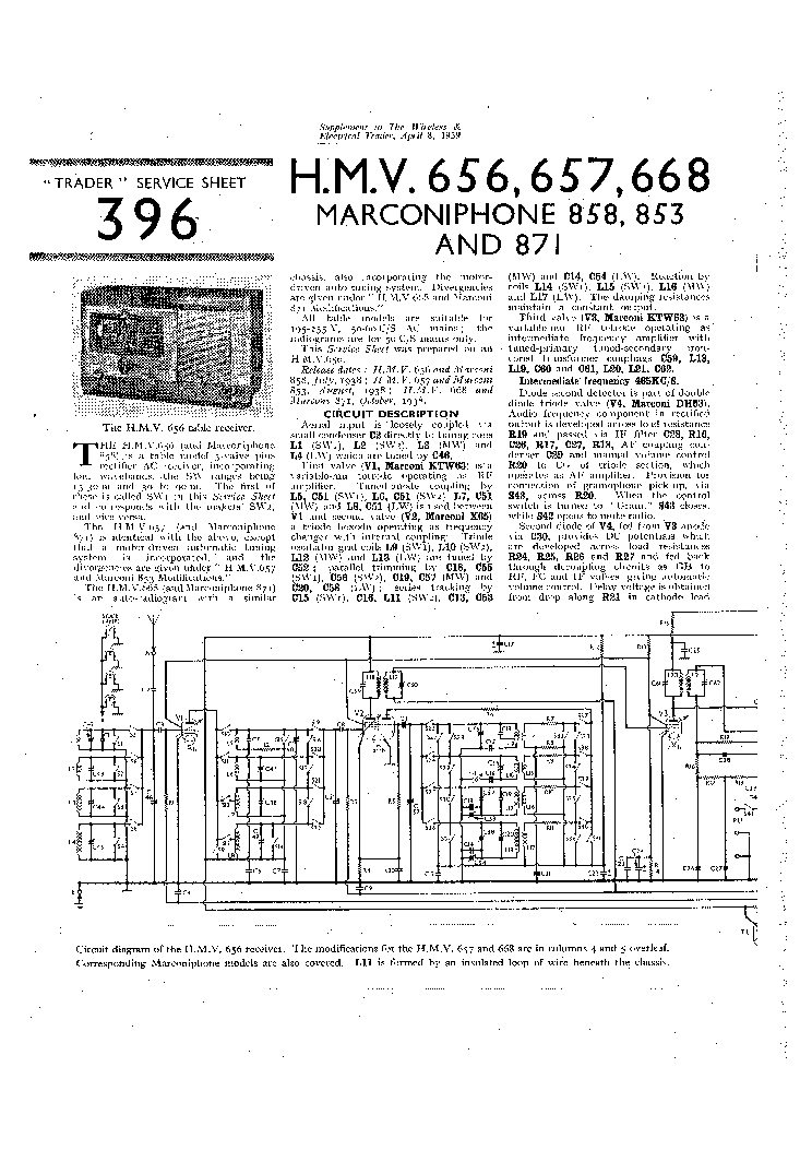 HMV 656 657 668 MARCONIPHONE 858 853 871 RADIO 1939 SM service manual