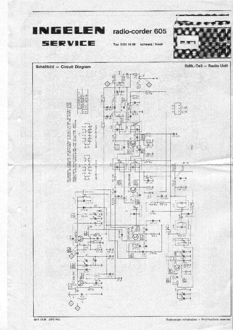 INGELEN RADIOCORDER 605 CASETTA RADIO 1973 SM service manual