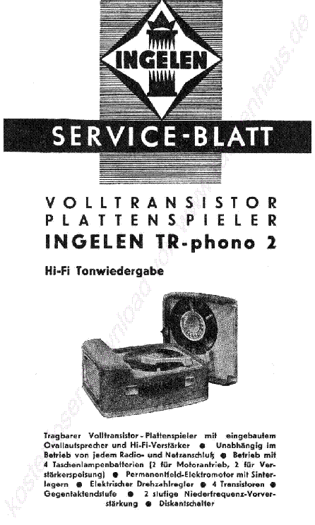 INGELEN TR PHONO 2 LEMEZJATSZO 1959 SM service manual