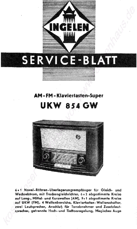 INGELEN UKW 854 GW RADIO 1953 SM service manual