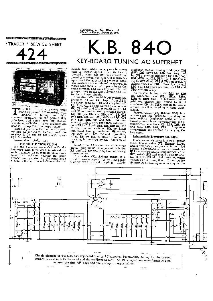 KOLSTER BRANDES 840 KEY-BOARD TUNING RADIO 1939 SM service manual