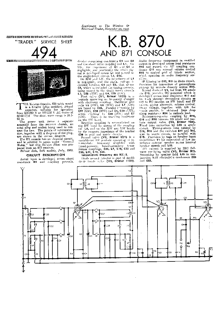 KOLSTER BRANDES 870 871 CONSOLE RADIO 1940 SM service manual