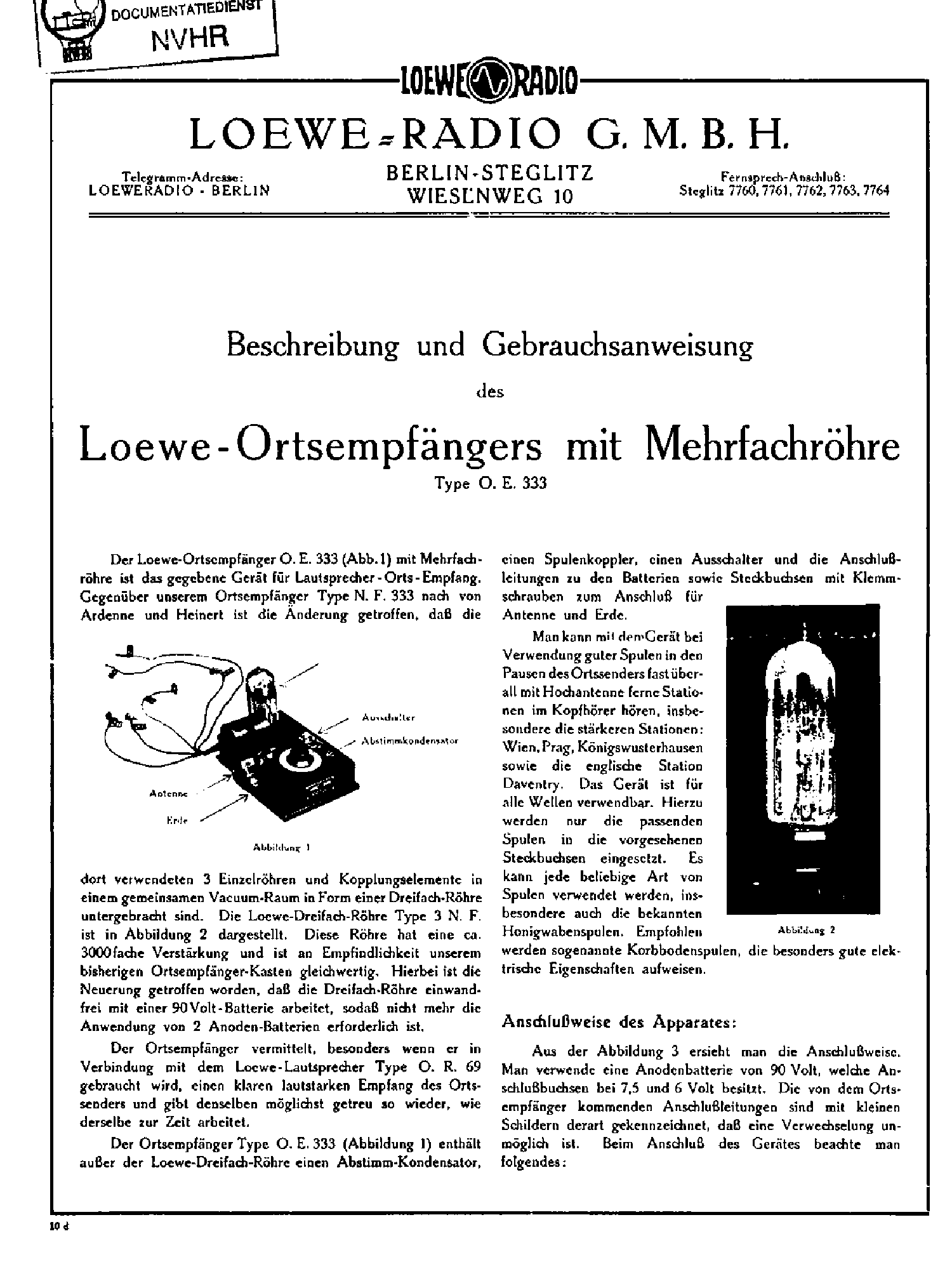 LOEWE OE333 ORTSEMPFANGER EARLY RECEIVER USR 1927 SM service manual