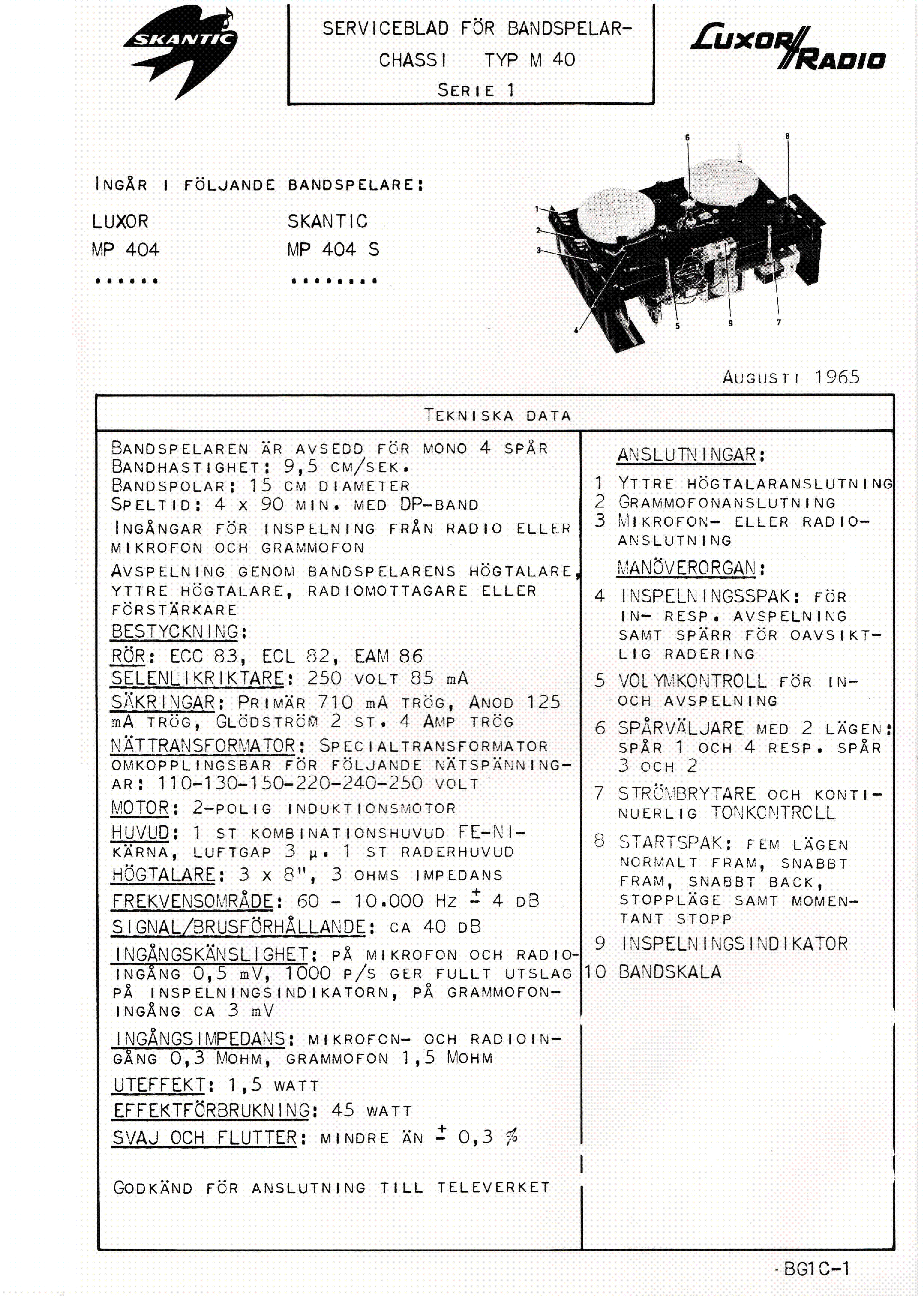 LUXOR BG1C MP404 TAPE RECORDER Service Manual download, schematics