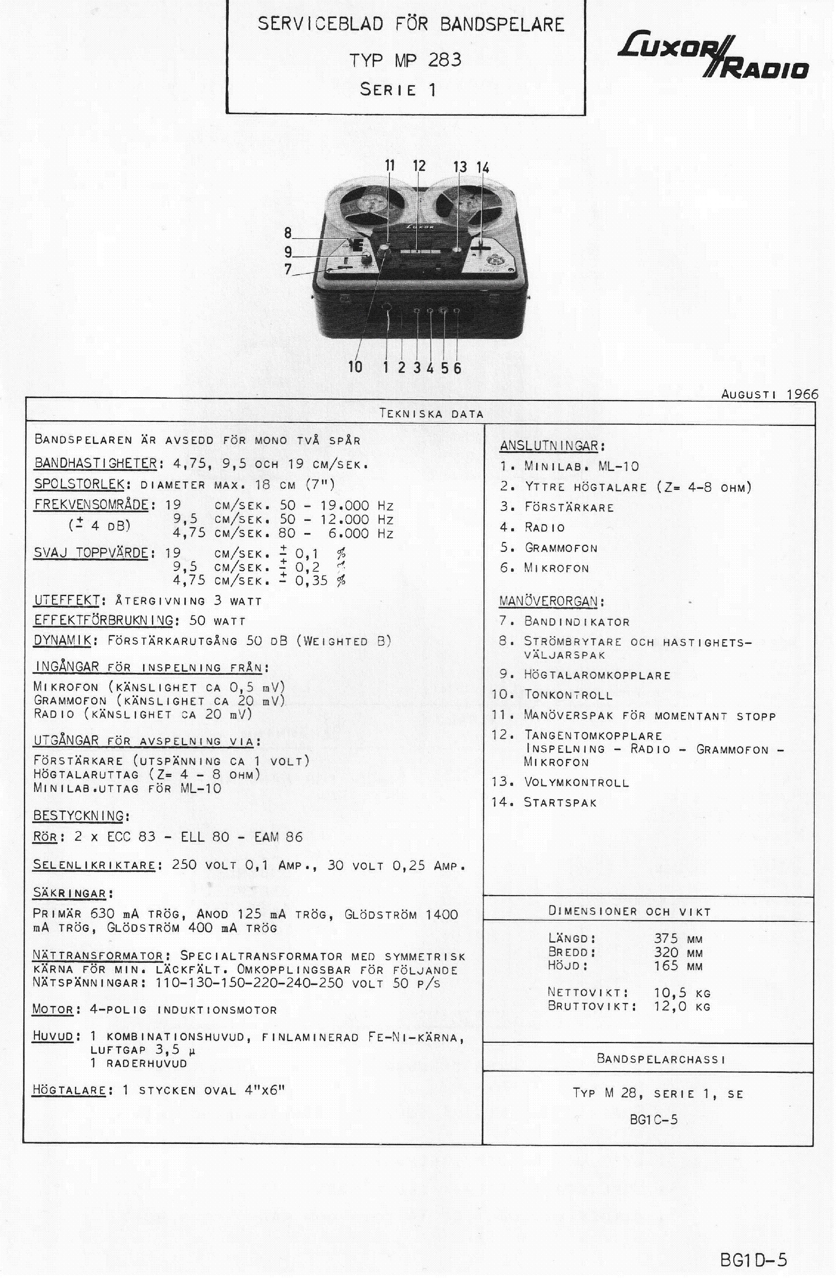 LUXOR BG1D5 MP283 TAPE RECORDER Service Manual download, schematics