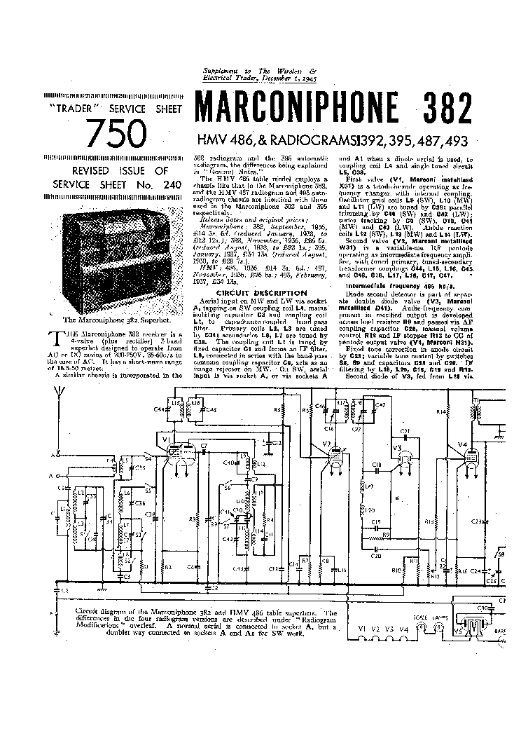 MARCONIPHONE 382 HMV 486 RADIOGRAMS 392 395 487 493 AC-DC RADIO 1945 SM service manual