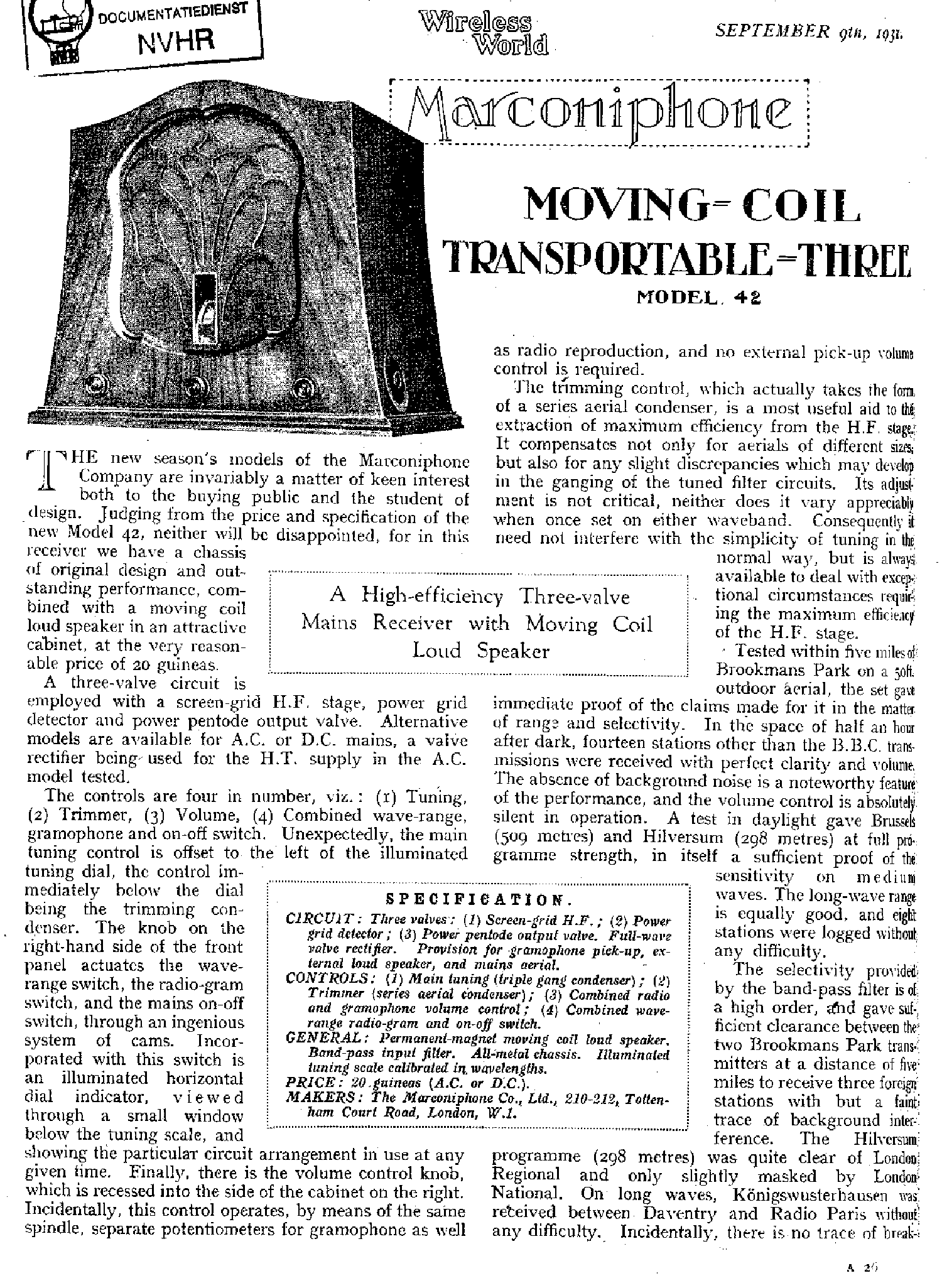 MARCONIPHONE 42AC RTH RADIOGRAMO 1931 SM service manual