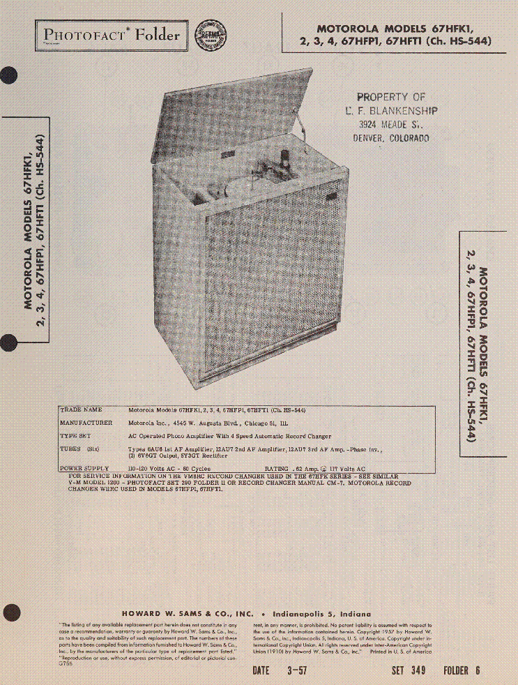 MOTOROLA MODELS 67HFK1 2 3 4 67HFP1 67HFT1 CH.HS-544 SM service manual (1st page)