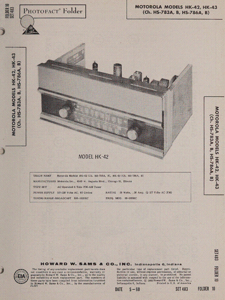 MOTOROLA MODELS HK-42 HK-43 CH. HS-783A B HS-786A B SM service manual (1st page)