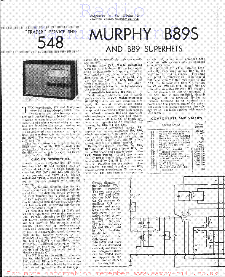 MURPHY B89S-B89SUPERHET service manual
