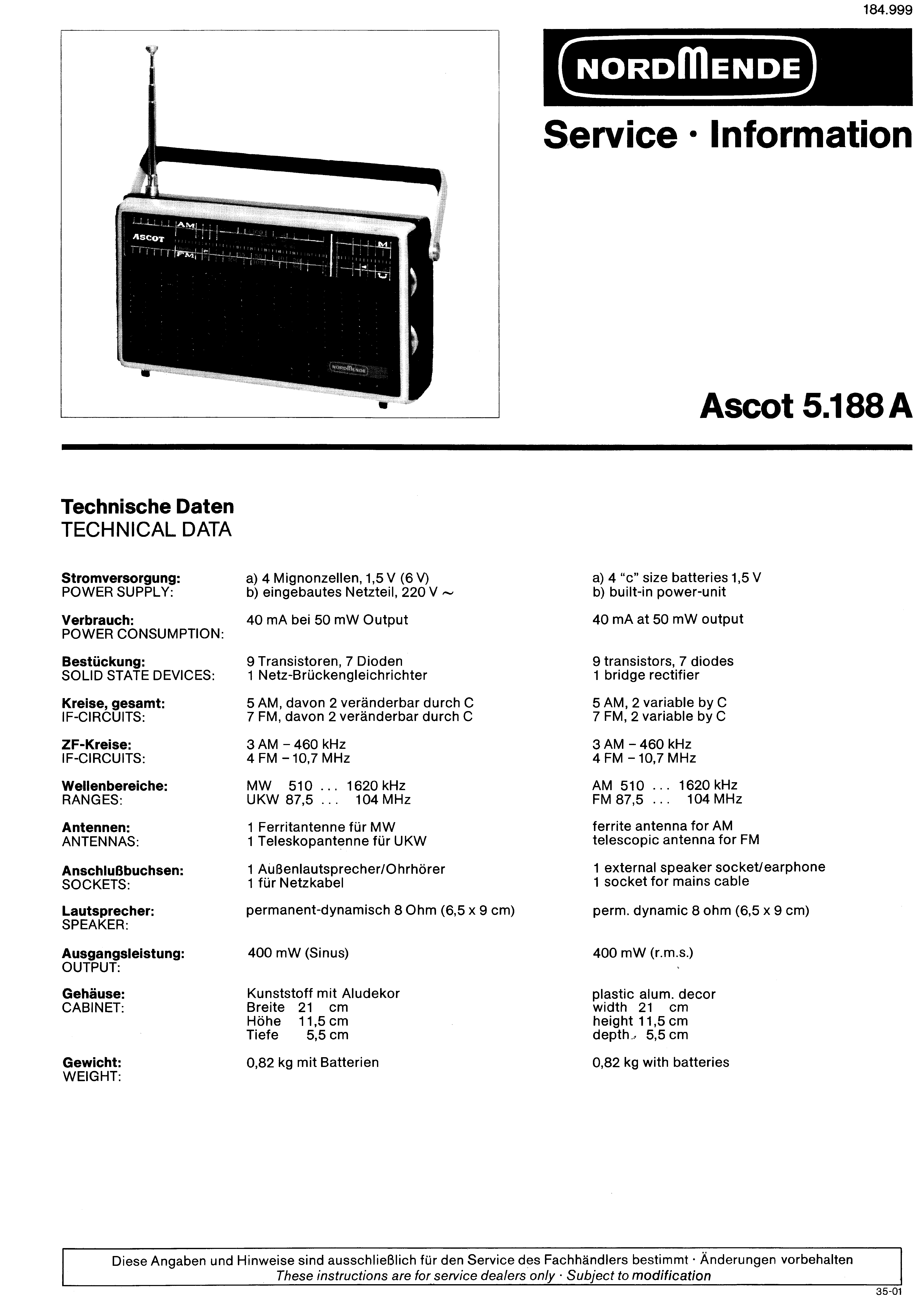 NORDMENDE ASCOT 5.188A SM service manual