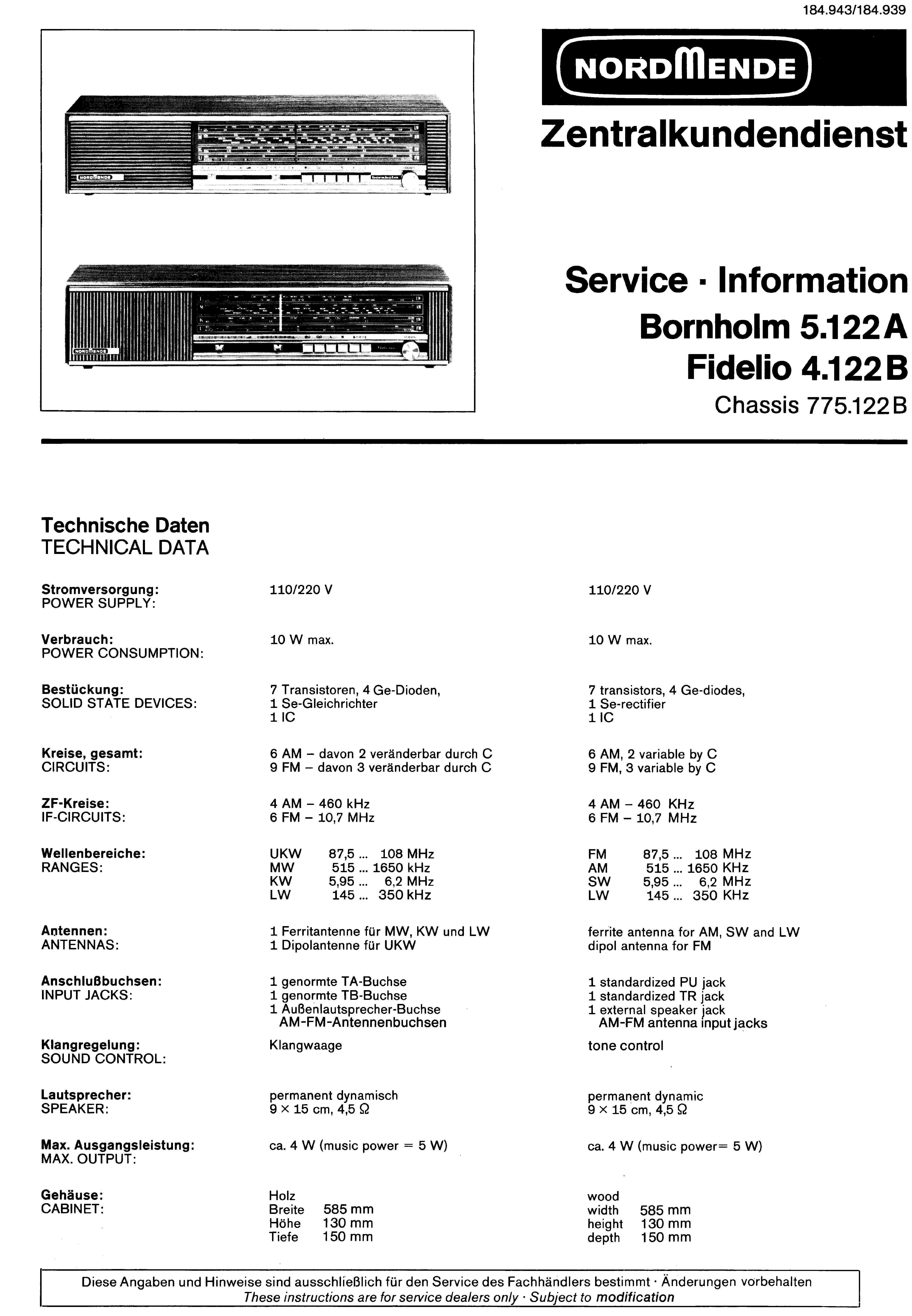 Nordmende Service Manual für Fidelio-Caruso-Mikado-Imperator-Bornholm 5.630 Copy 