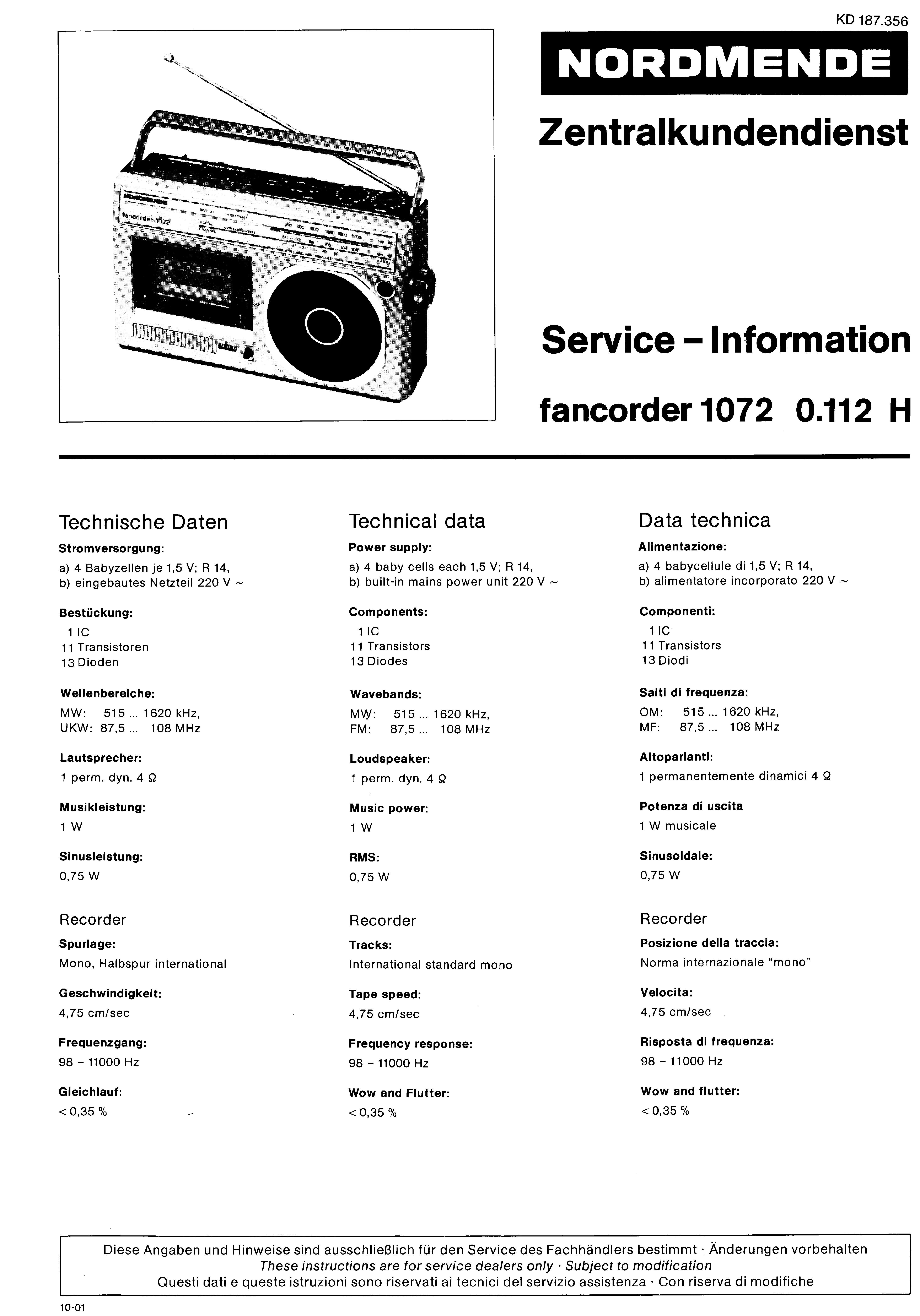981.115 H Service Manual-Anleitung für Nordmende Discocorder RK 4186 
