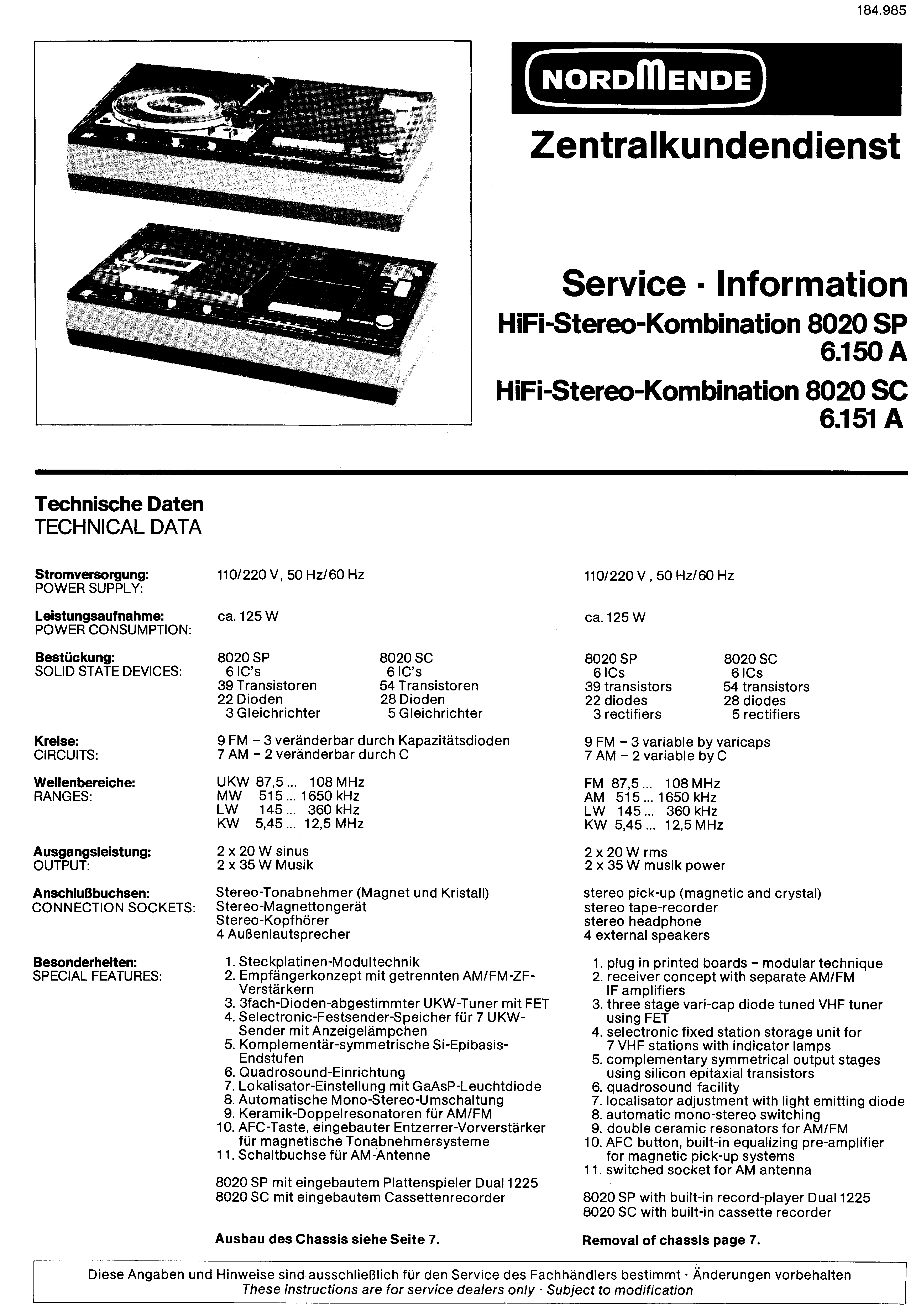NORDMENDE HIFI-STEREO KOMBINATION 8020 SP SC SM service manual (1st page)