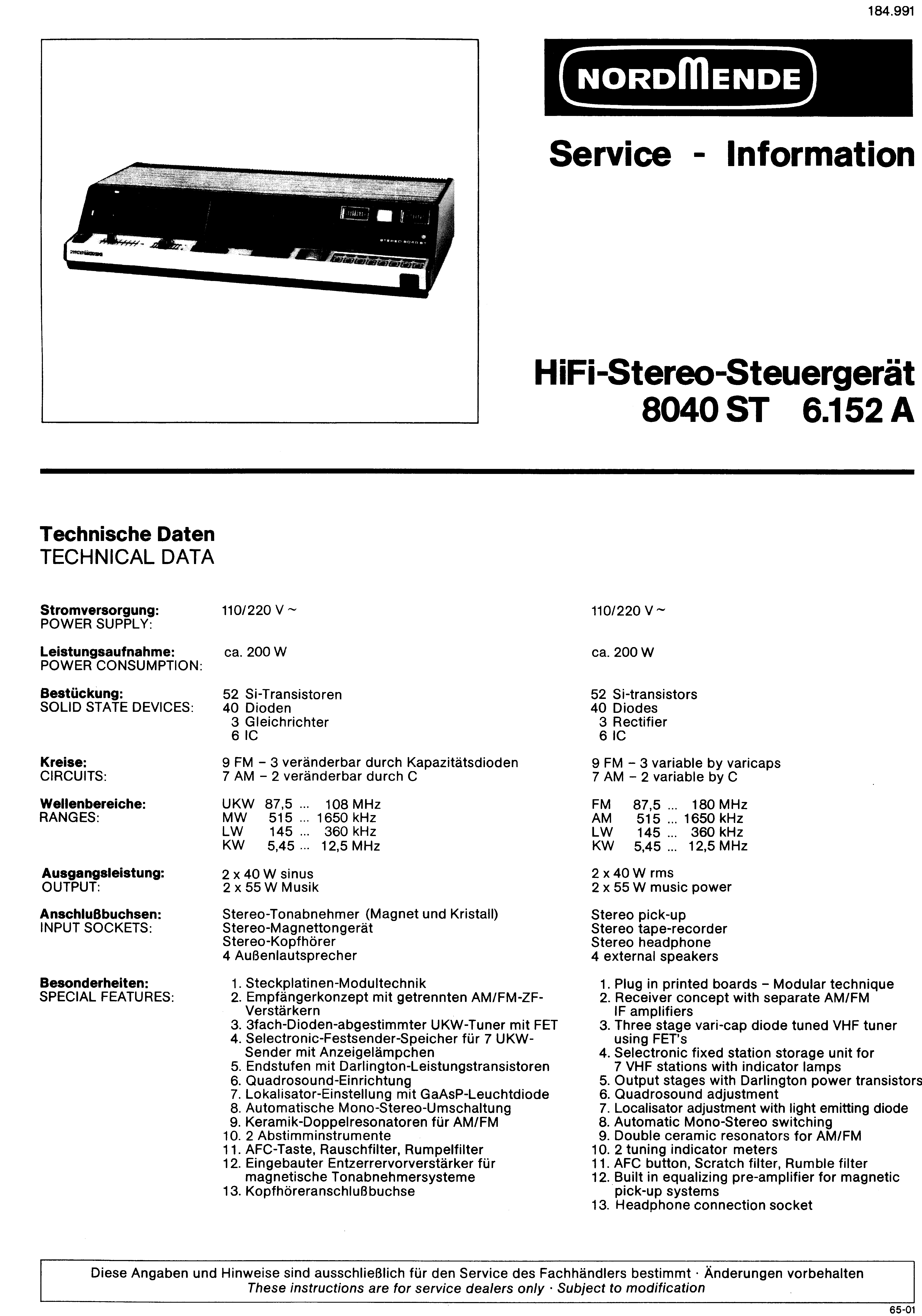NORDMENDE HIFI-STEUERGERAET 8040 ST 6.152A SM service manual (1st page)