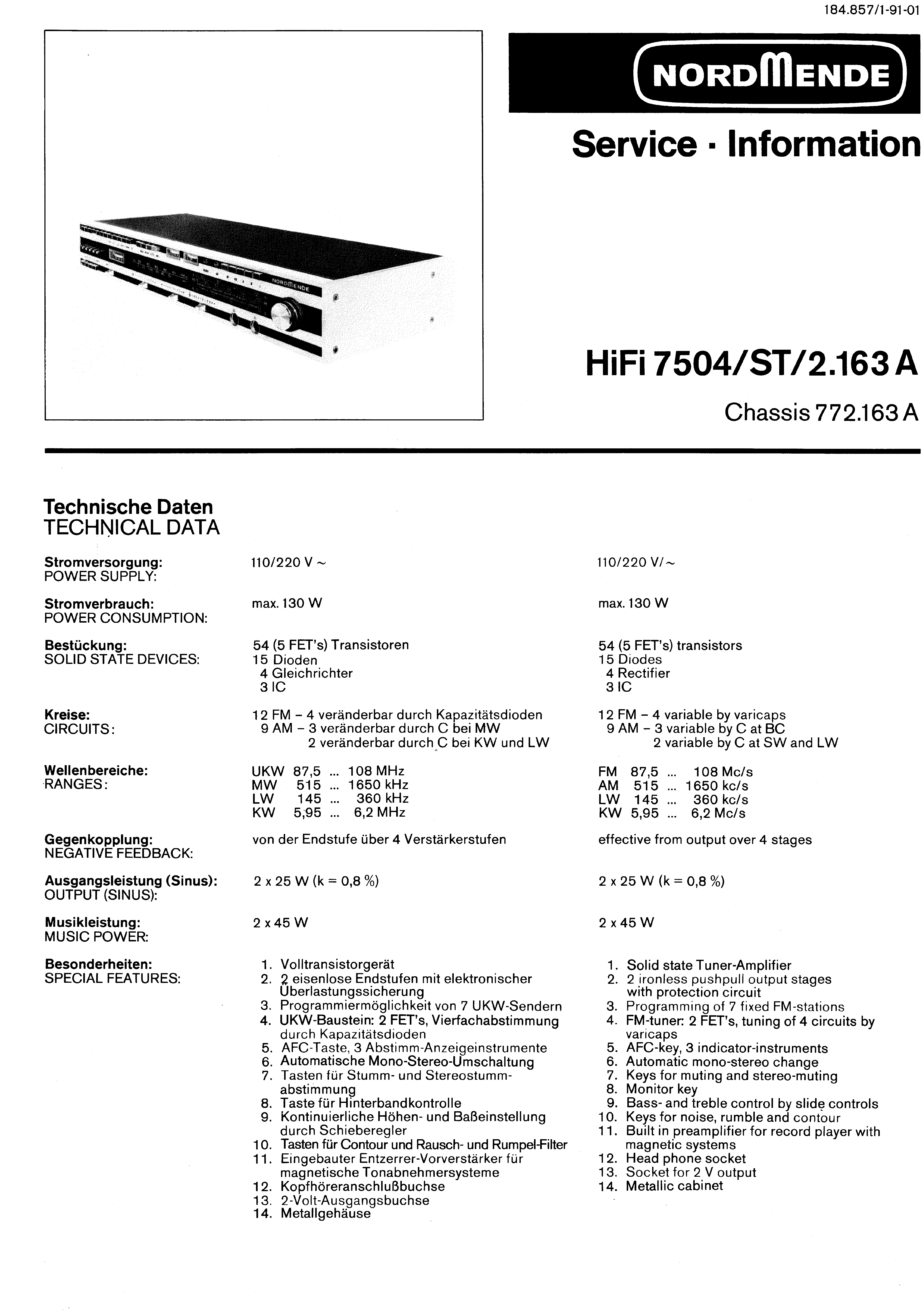 Service Manual-Anleitung für Nordmende HiFi 7504 ST 2.163 A 