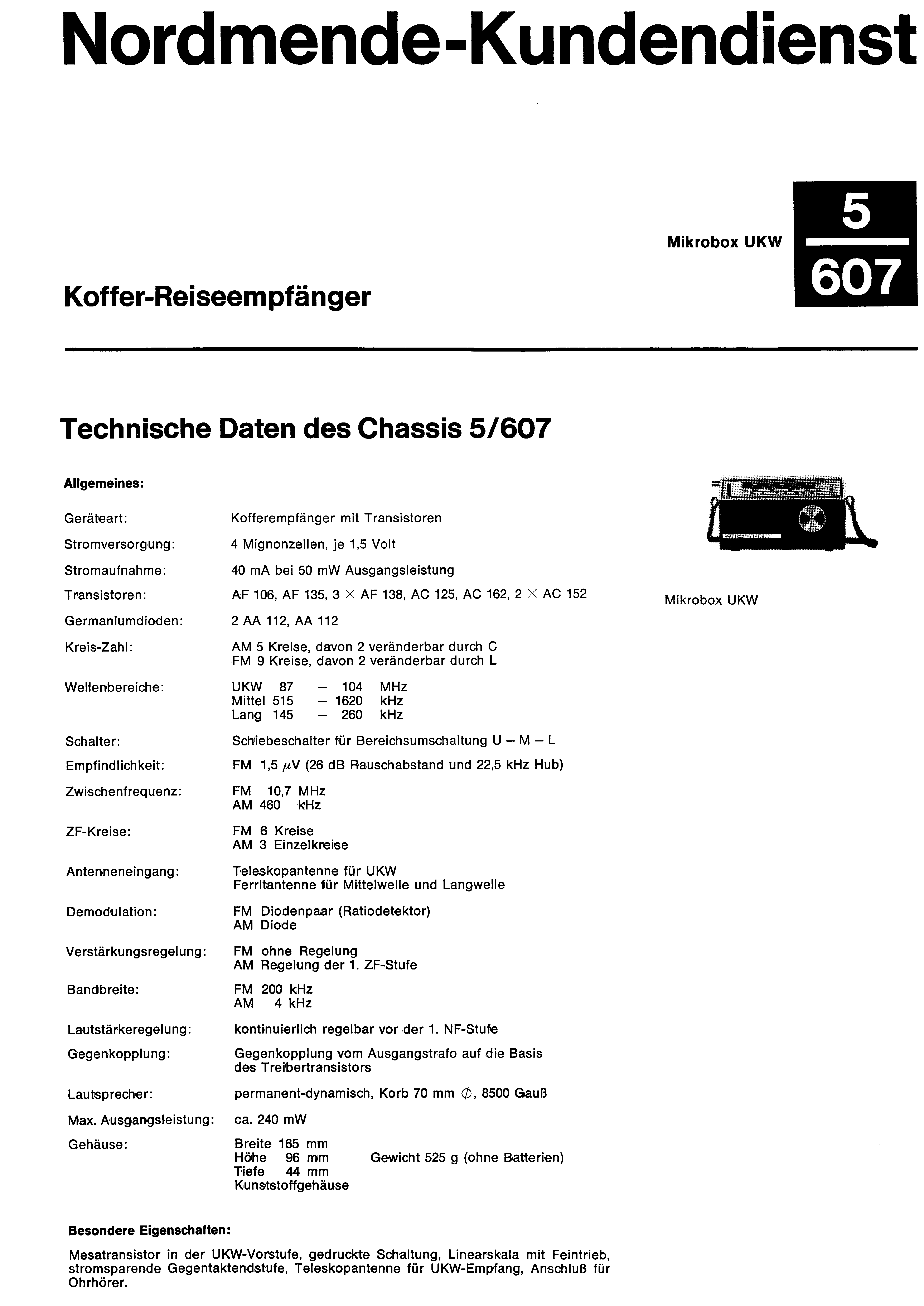 NORDMENDE KOFFER-REISEEMPFAENGER 5 607 MIKROBOX UKW SM service manual
