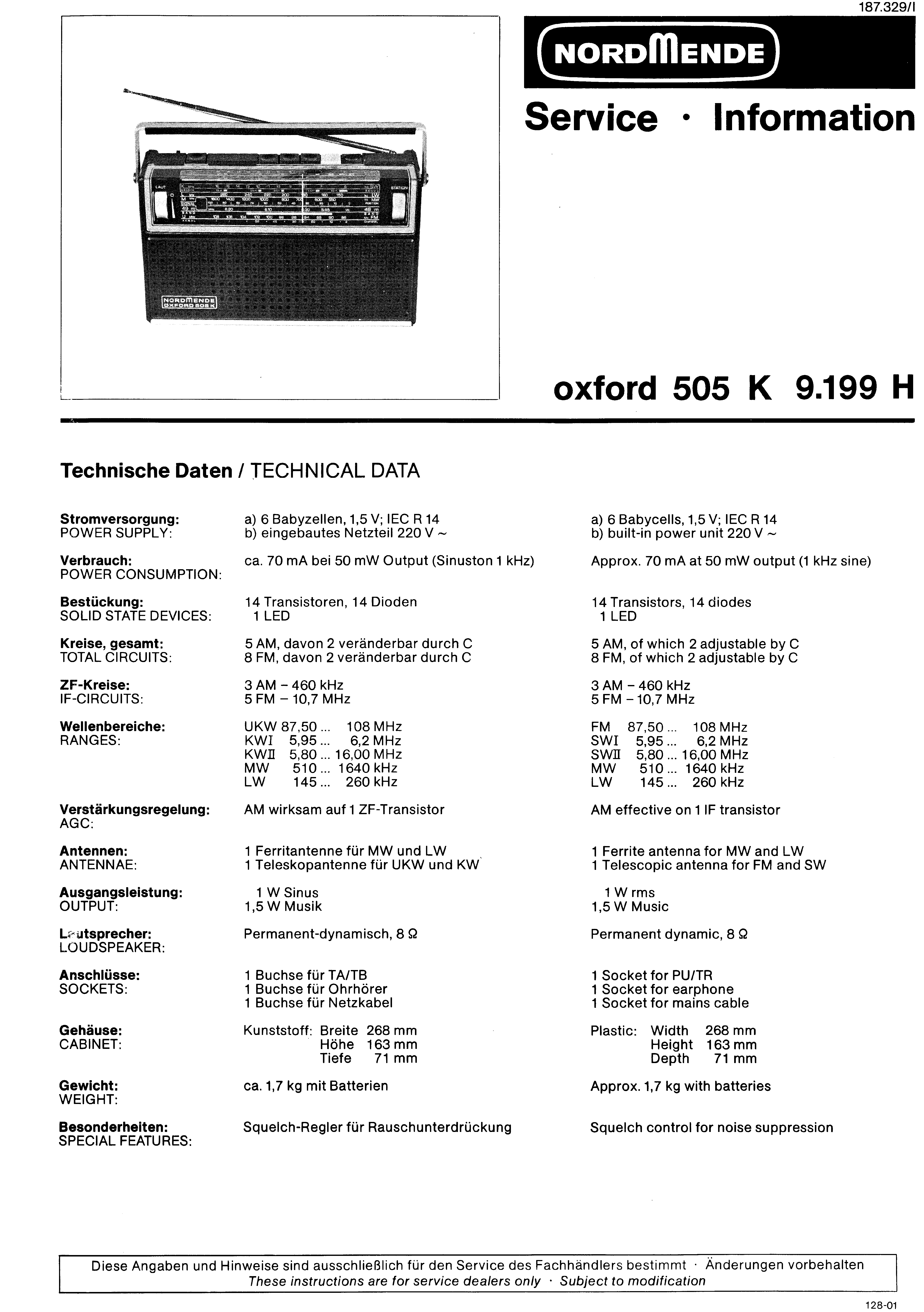 NORDMENDE OXFORD 505 K 9.199H SM service manual