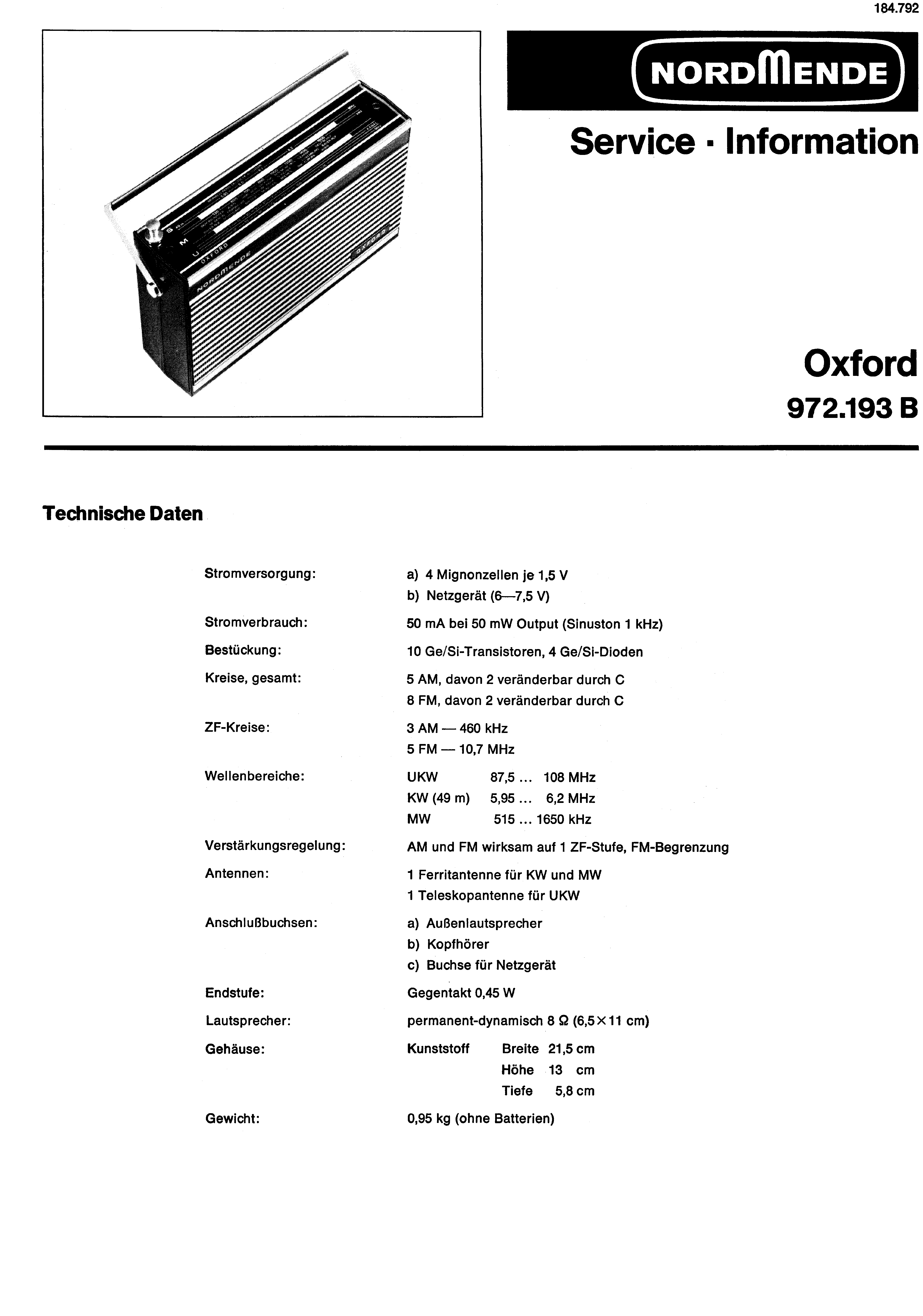 NORDMENDE OXFORD 972.193B SM service manual