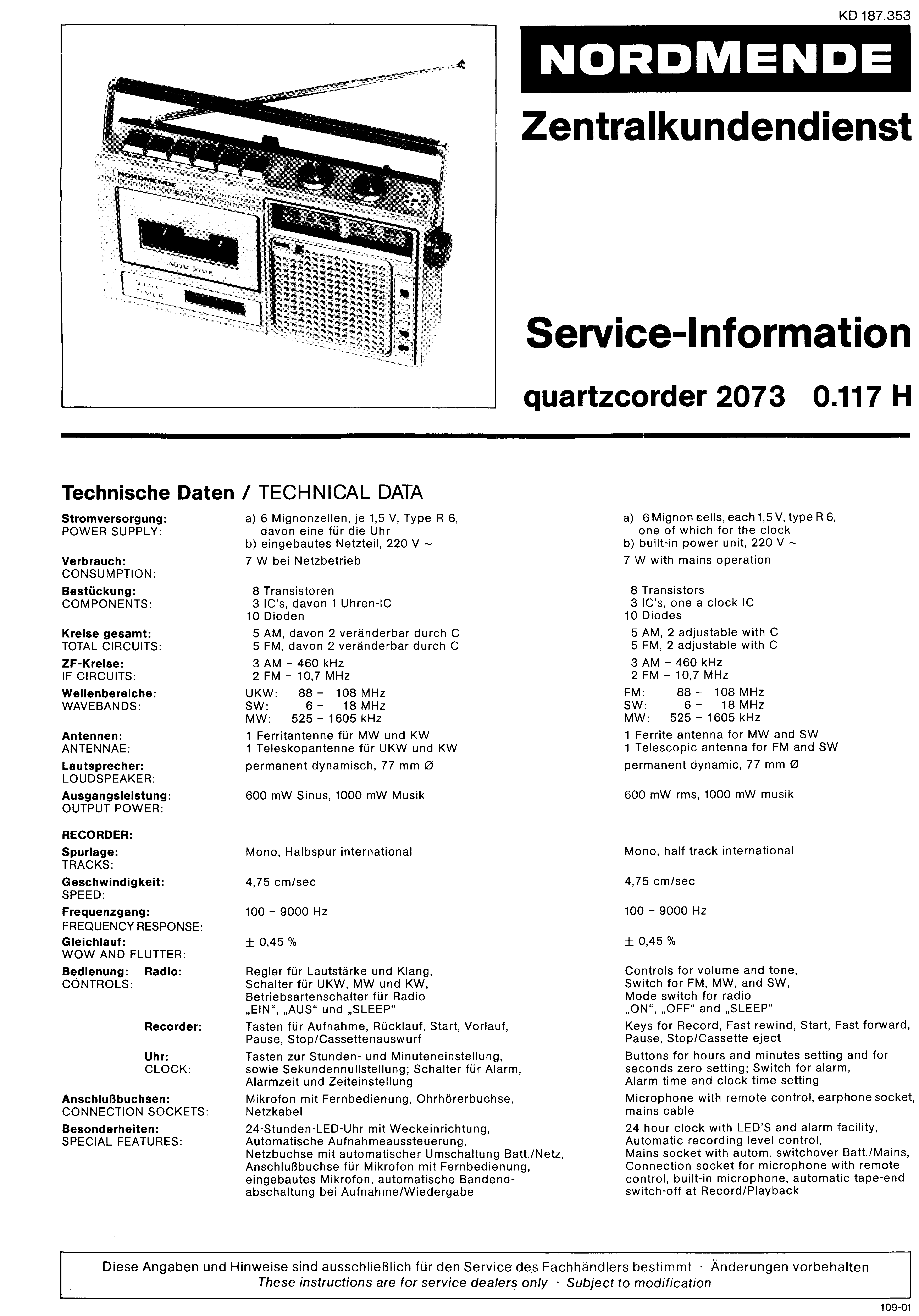 NORDMENDE QUARZCORDER 2073 0.117 SM service manual (1st page)