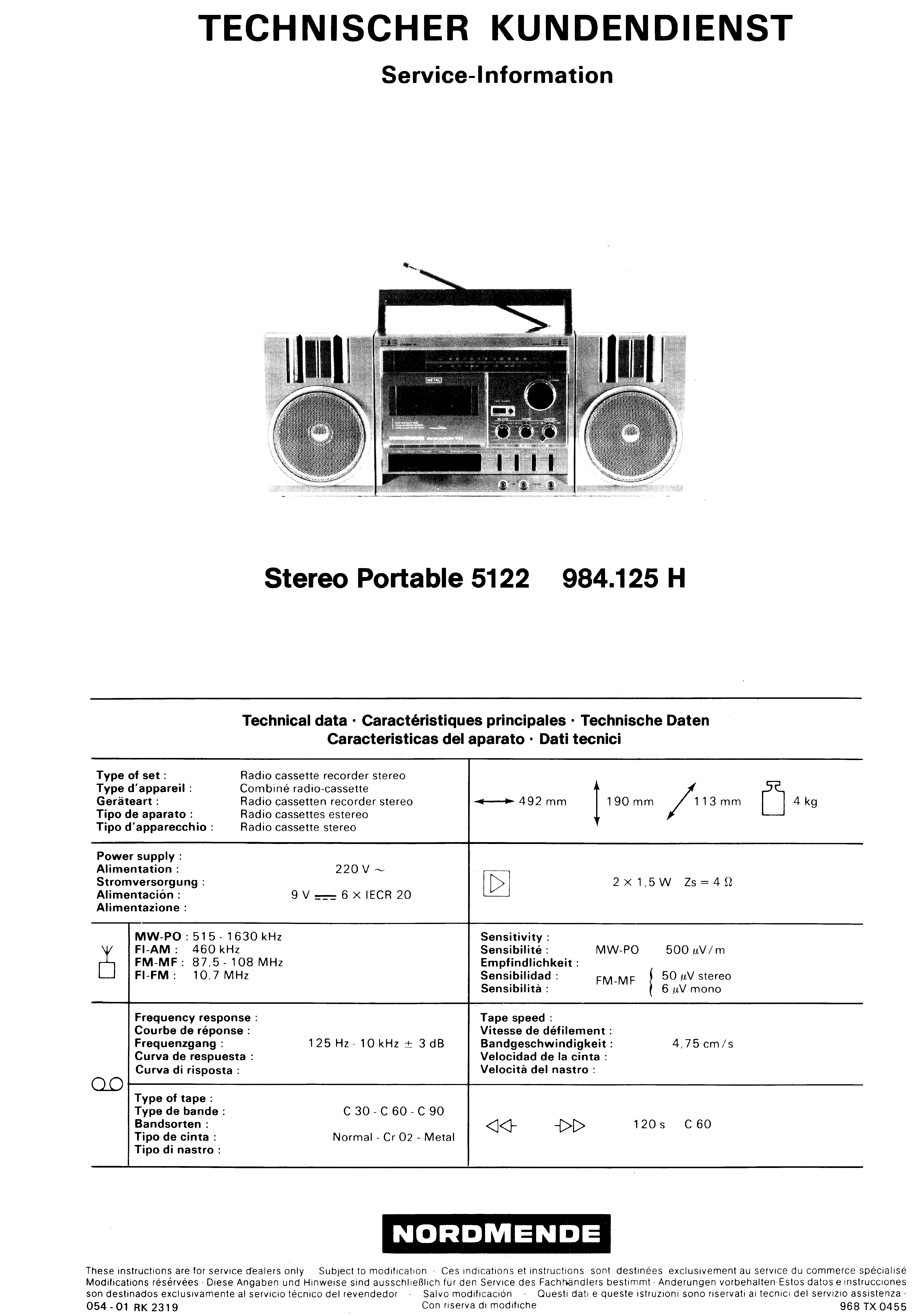 NORDMENDE STEREO PORTABLE 5122 984.125 SM service manual