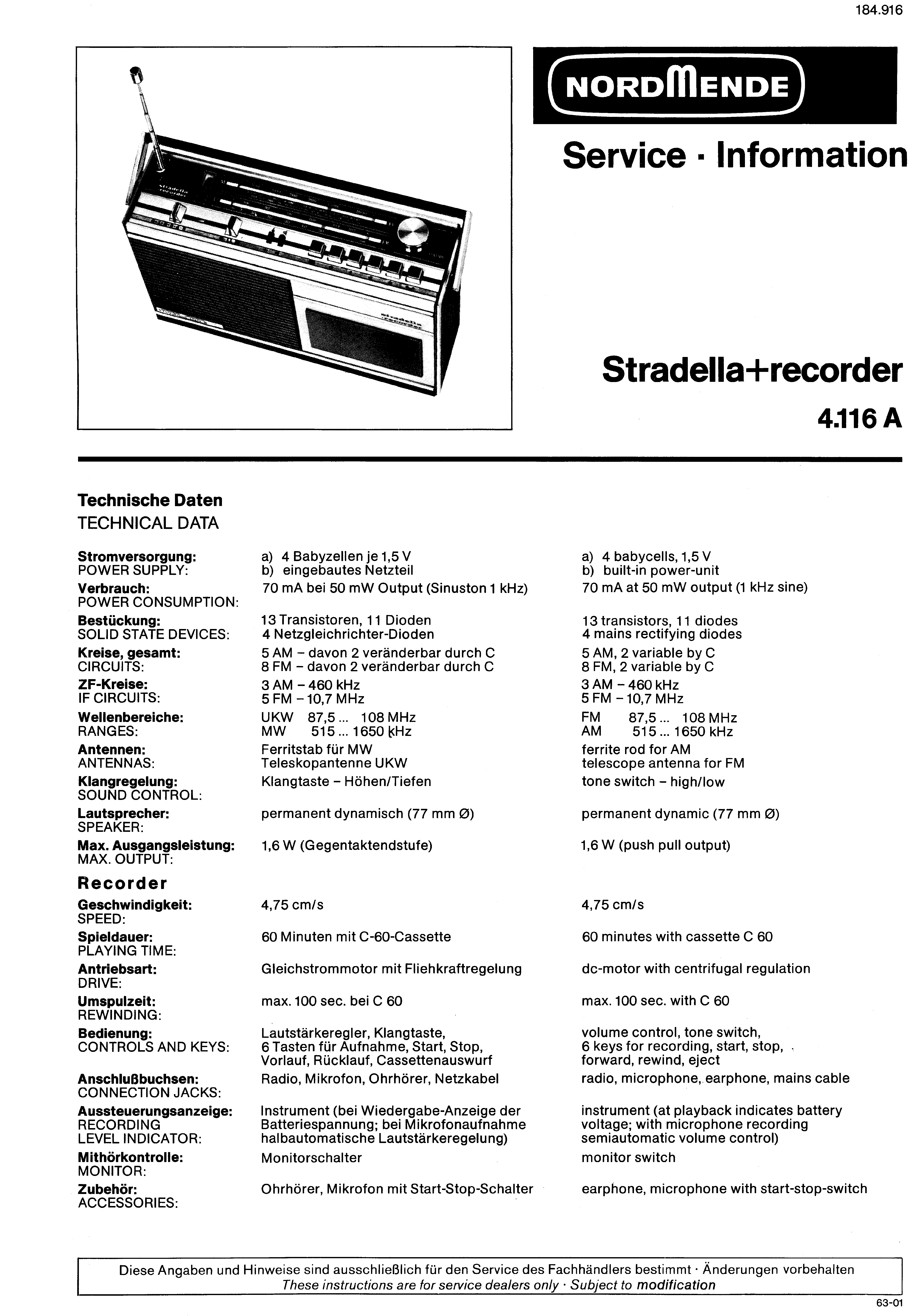 NORDMENDE STRADELLA RECORDER 4.116A SM service manual