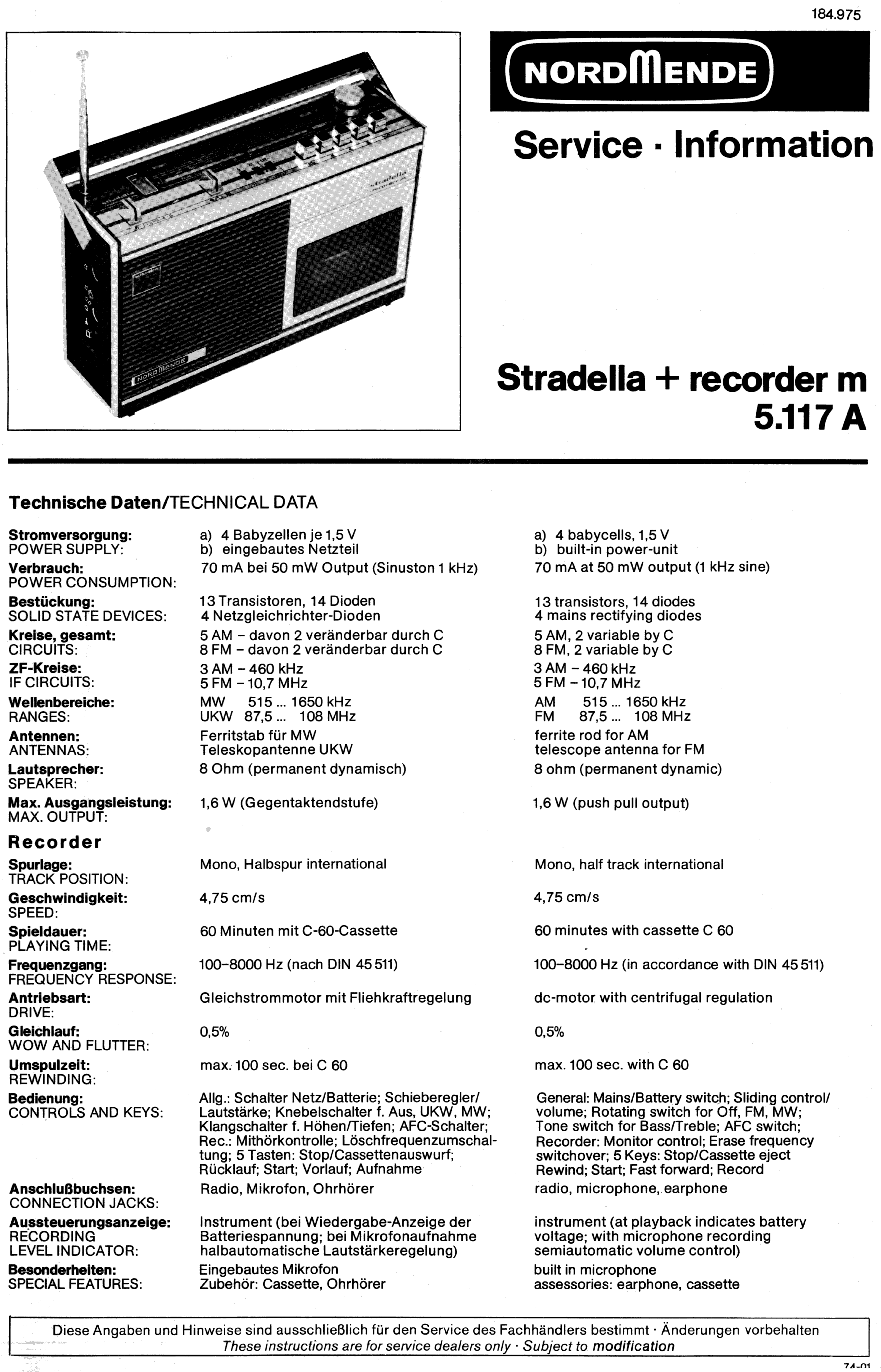 NORDMENDE STRADELLA RECORDER M 5.117A SM service manual