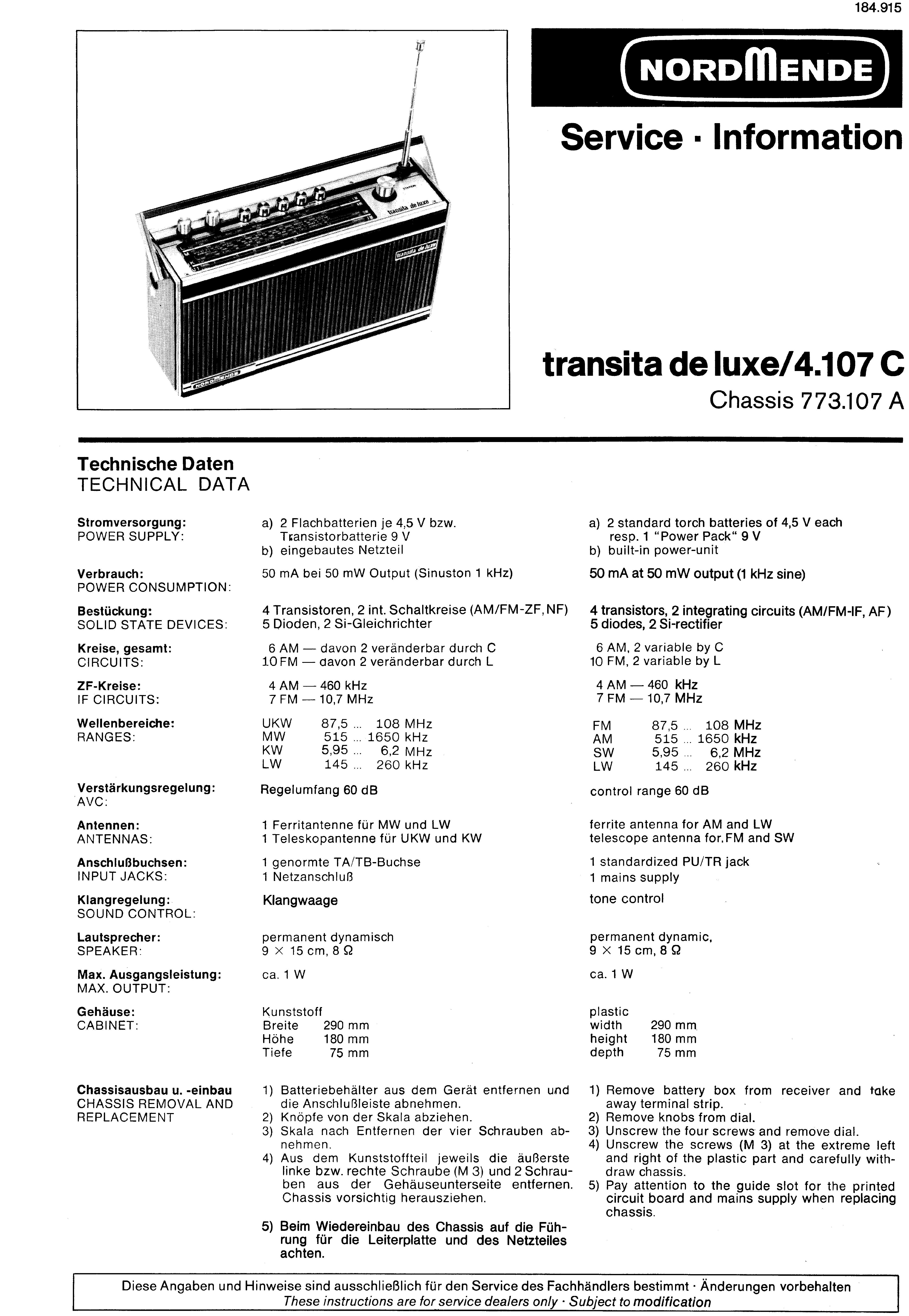 NORDMENDE TRANSITA DE LUXE 4.107C SM service manual