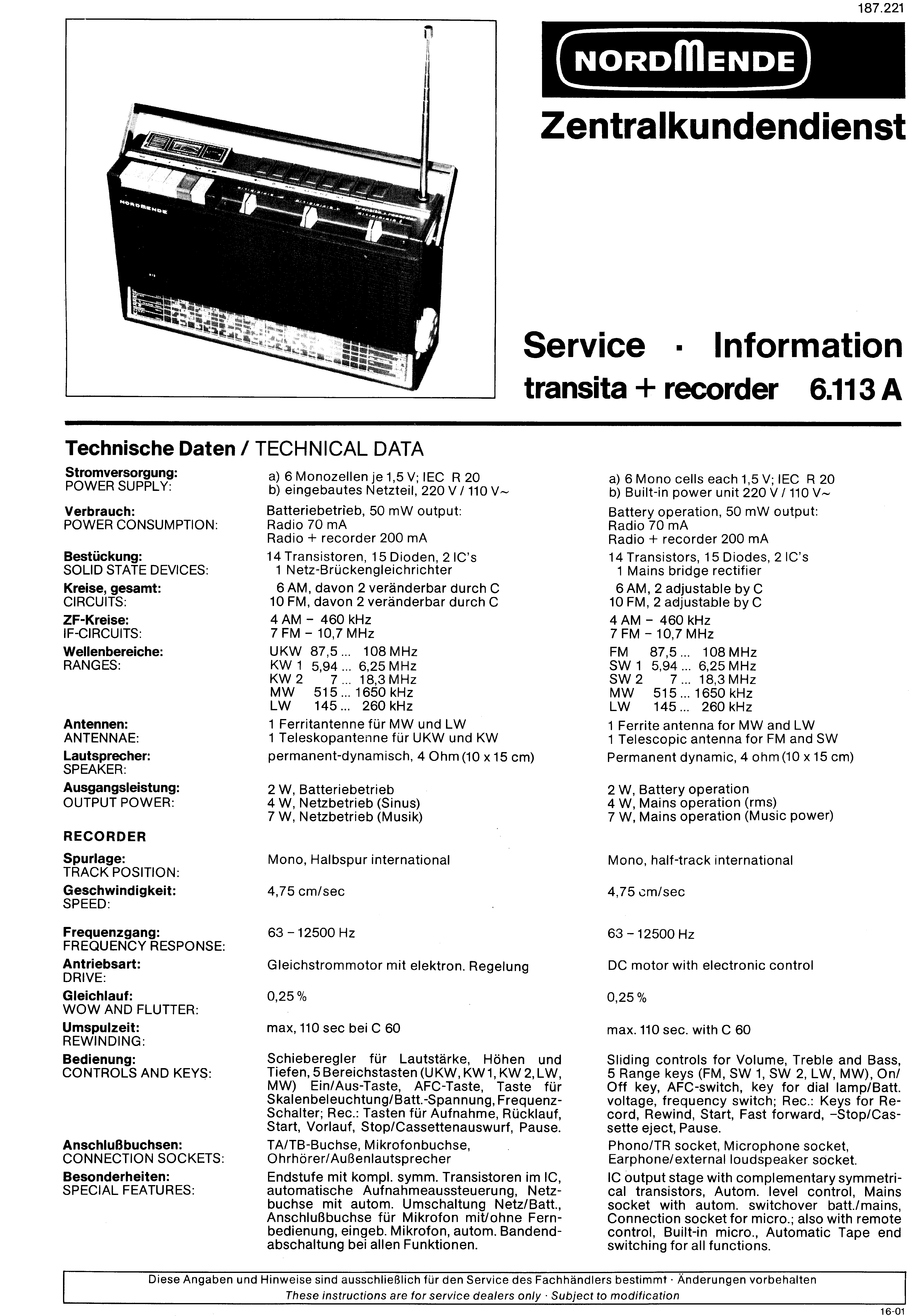 Service Manual-Anleitung für Nordmende Transita Exact 969.104 A 