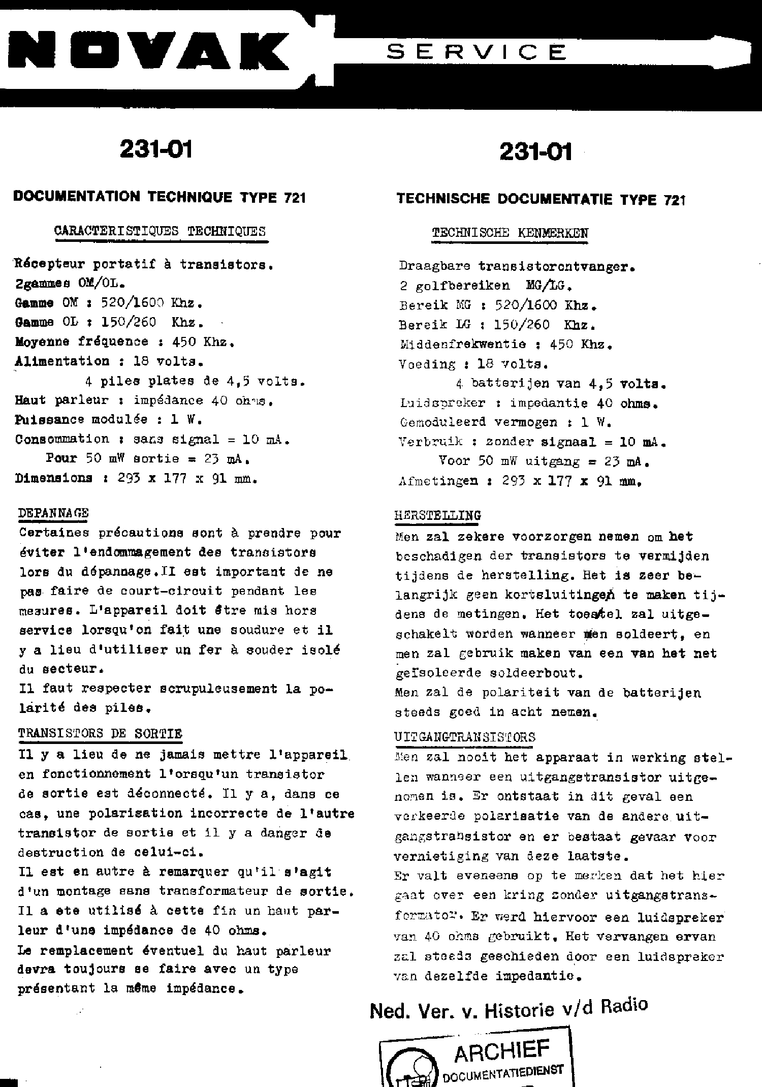 NOVAK 721 2X9V TRANSISTOR RECEIVER 1962 SM service manual