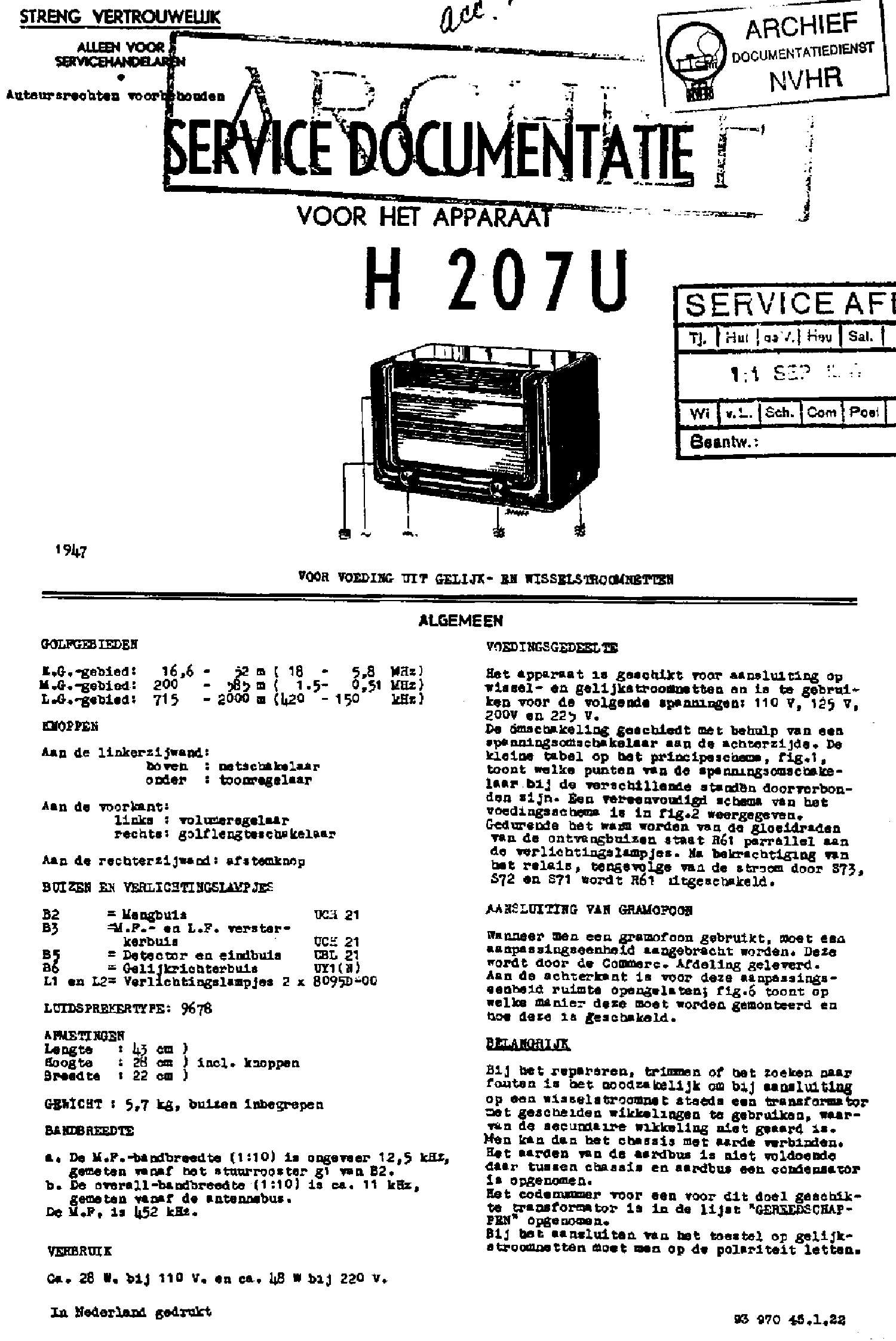 NSF H207U AC-DC RECEIVER 1947 SM service manual
