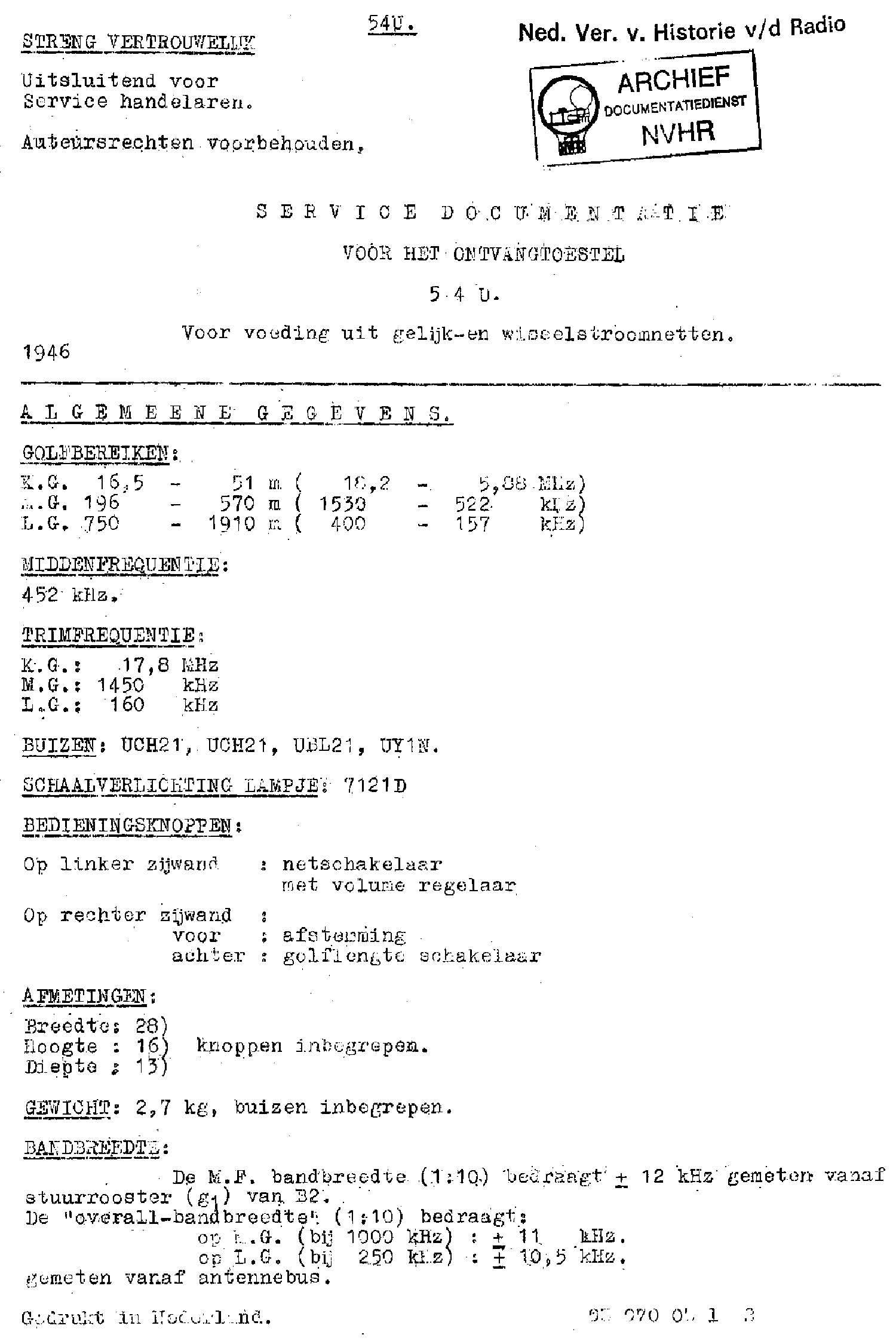 NSF H54U AC-DC RECEIVER 1946 SM service manual