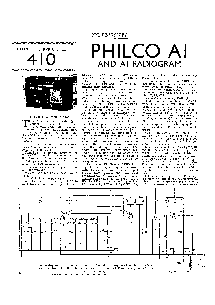 PHILCO A1 RADIO RADIOGRAM 1939 SM service manual