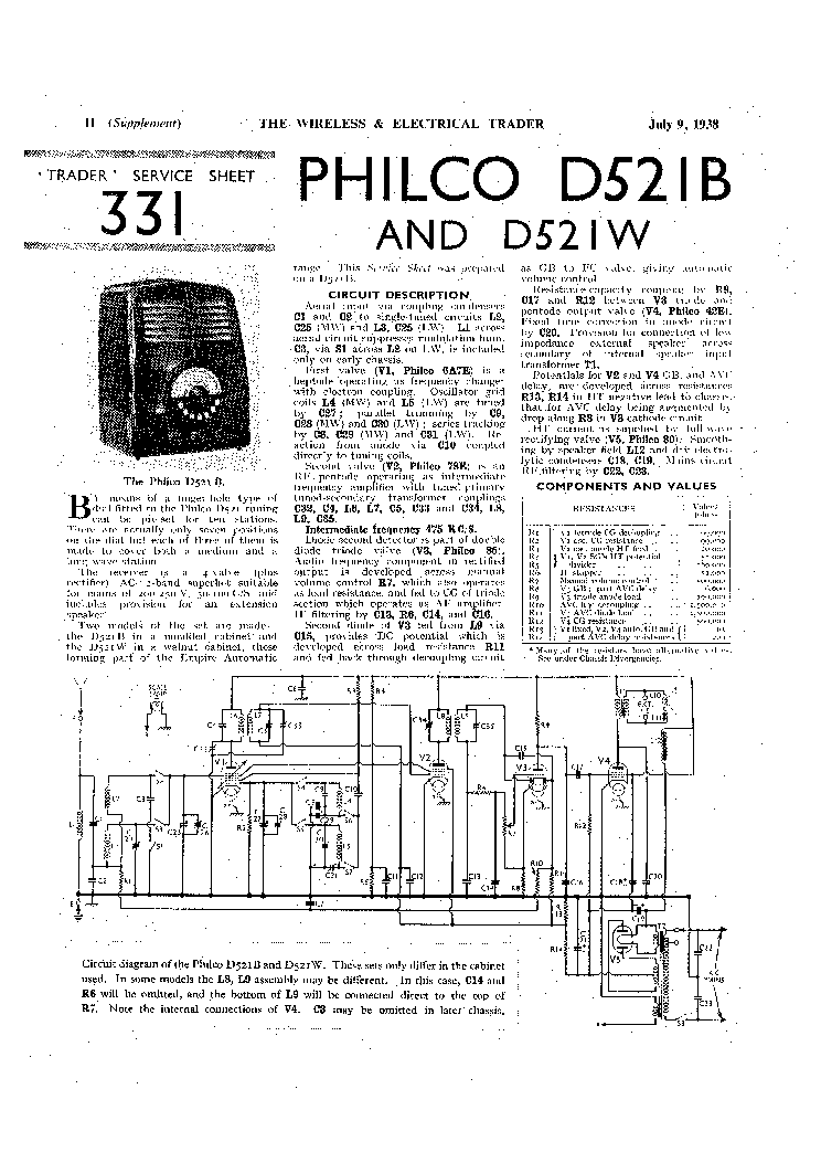 PHILCO D521 B W BATTERY AC RADIO 1938 SM service manual