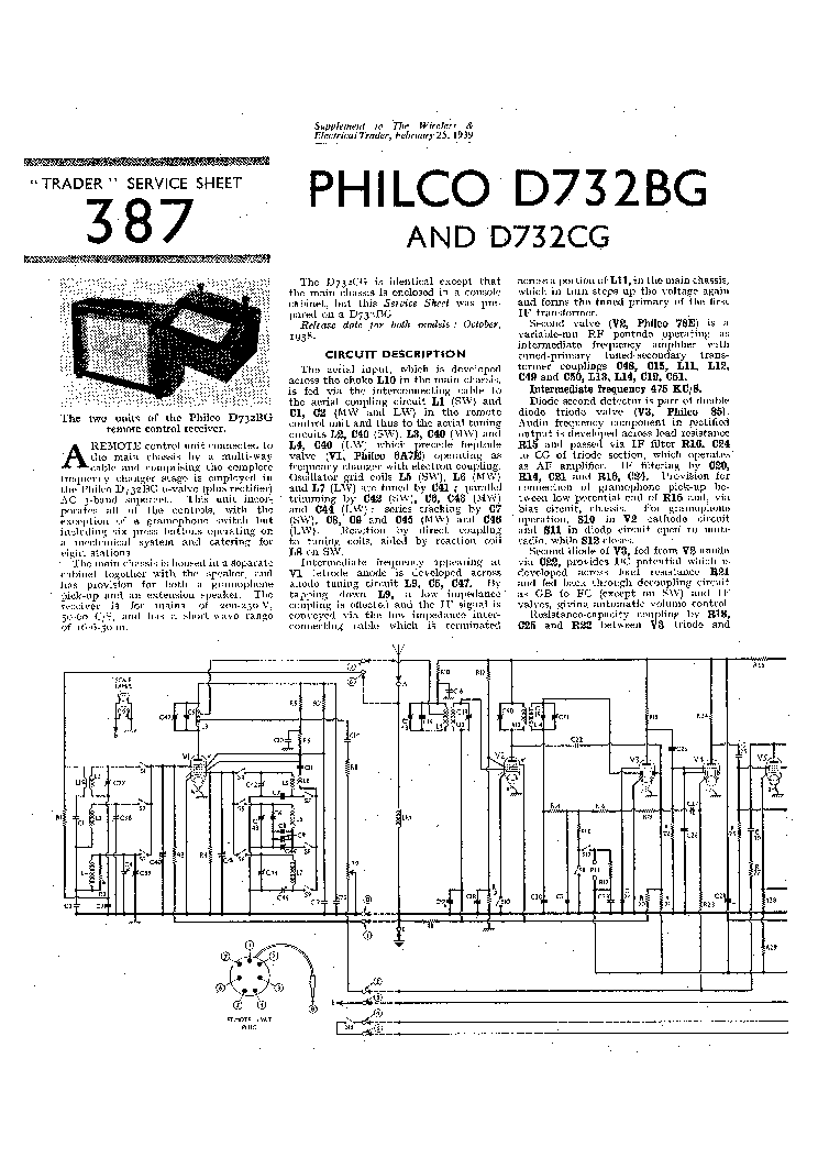 PHILCO D732 BG CG RADIO RADIOGRAM 1939 SM service manual