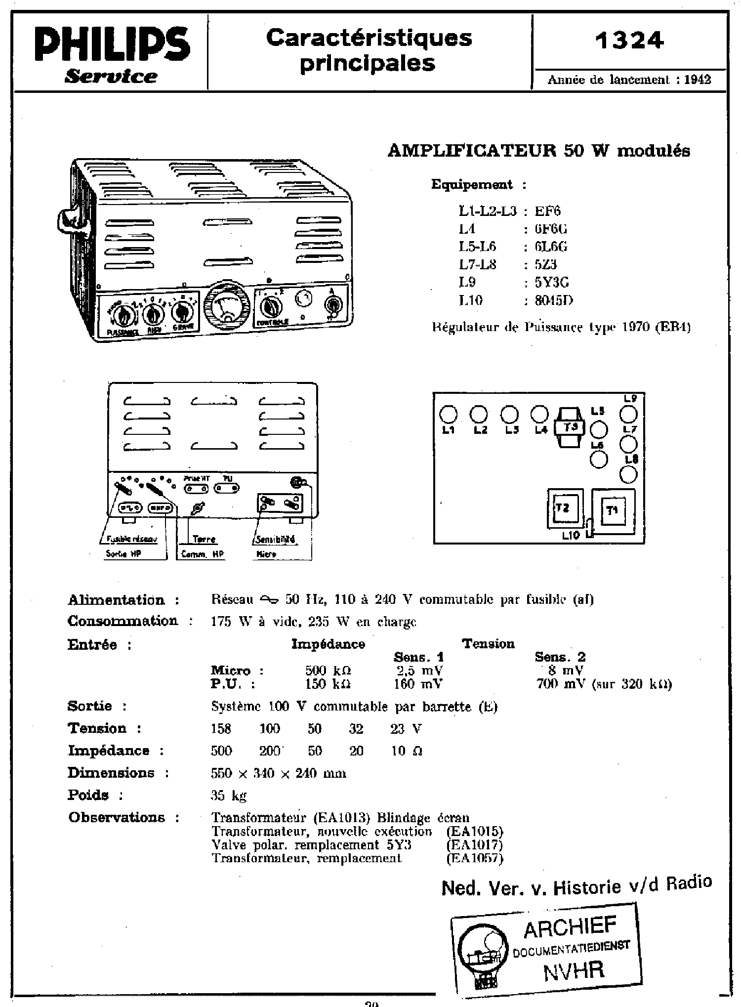 PHILIPS 1324 50W,2X6L6 AMPLIFIER 1970-VOLTAGE-REGULATOR 1942 SM service manual (1st page)