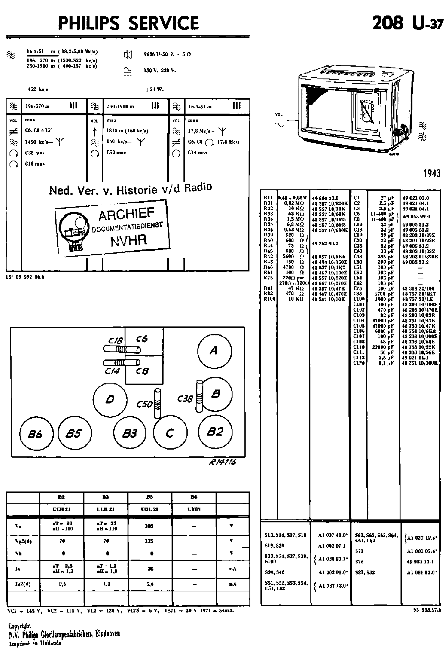 PHILIPS 208U-37 AC-DC RECEIVER 1943 SM service manual (1st page)