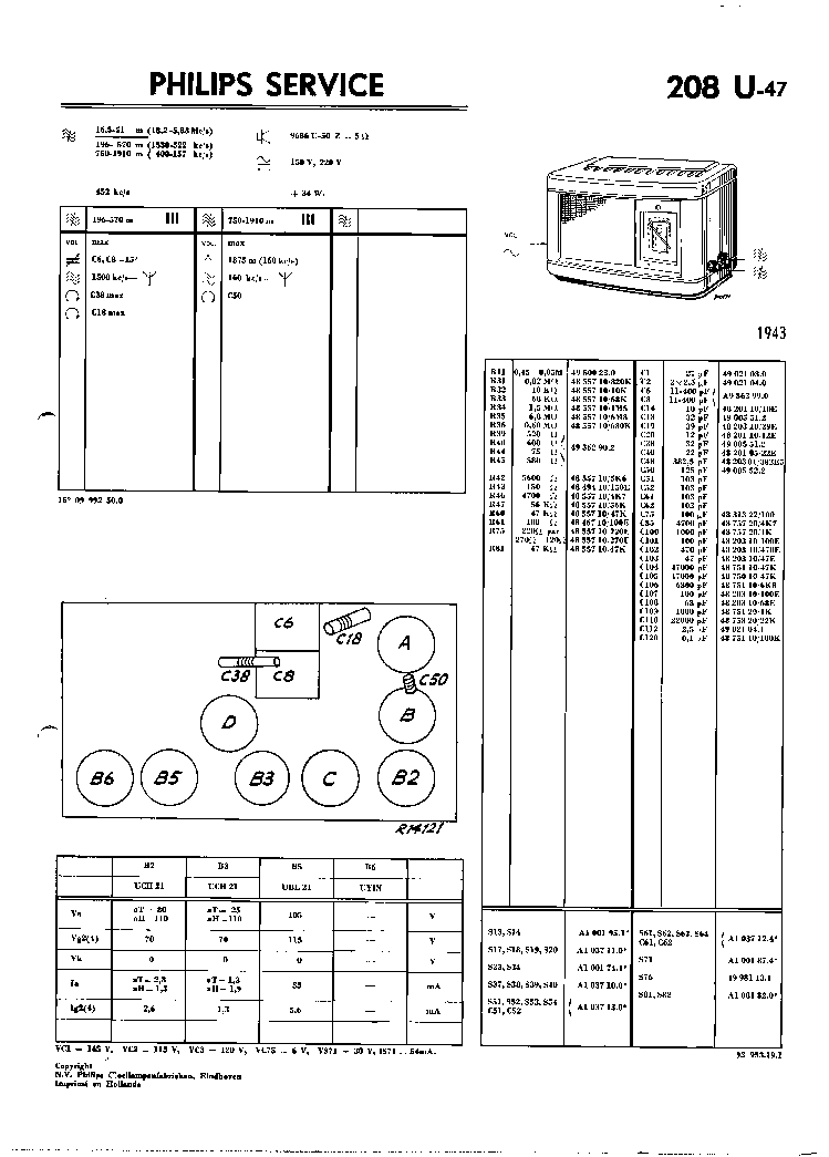 PHILIPS 208U-47 VINTAGE RADIO 1943 SM service manual (1st page)