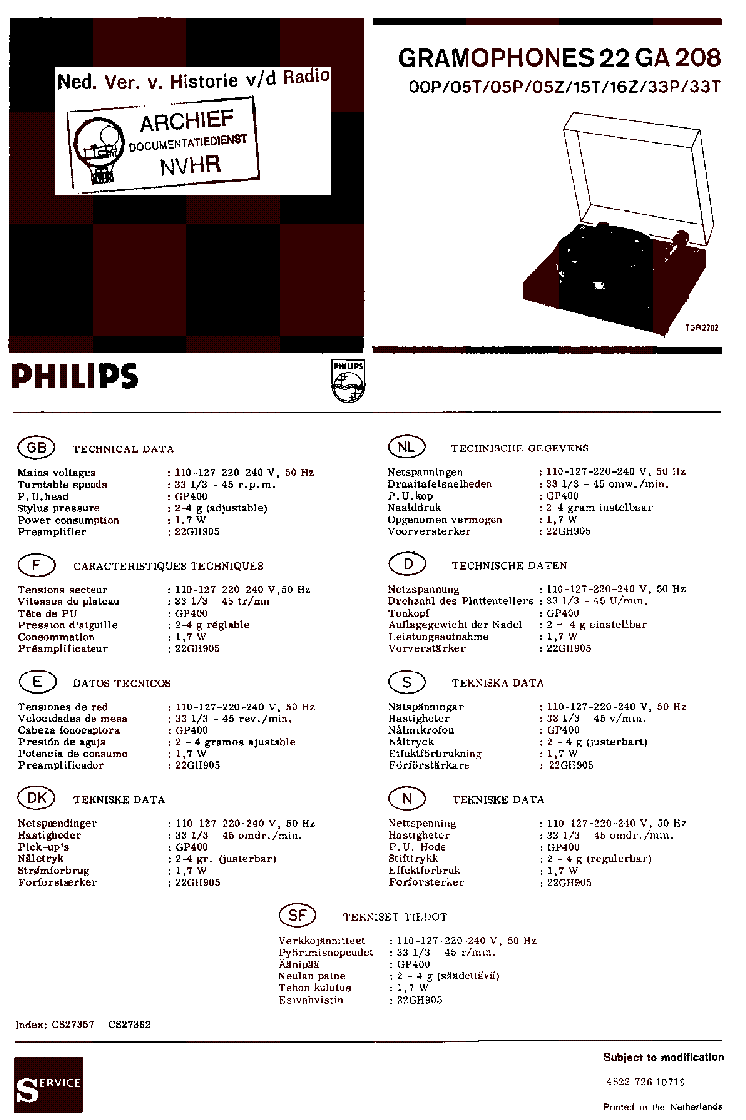 PHILIPS 22-GA208-00P-05-T-P-Z-15T-16Z-33P-33T RECORD PLAYER SM service manual (1st page)