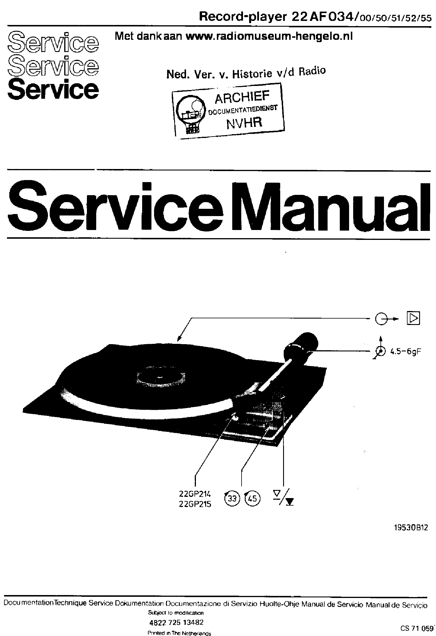 PHILIPS 22AF034-00-50-51-52-55 RECORD PLAYER SM service manual (1st page)