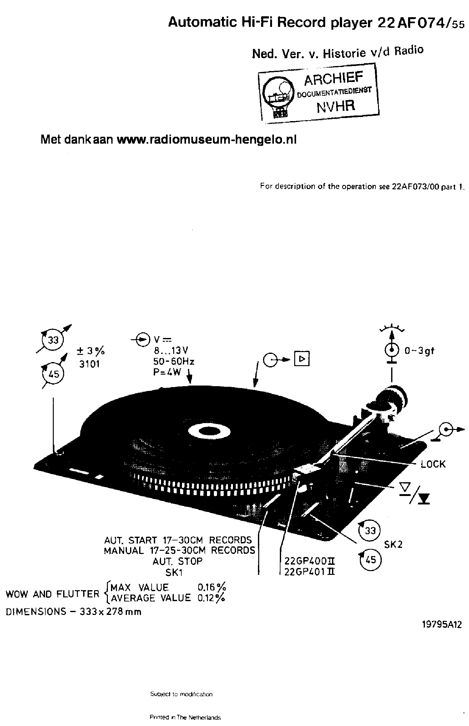 PHILIPS 22AF074-55 AUTOMATIC HIFI RECORD PLAYER SM service manual (1st page)