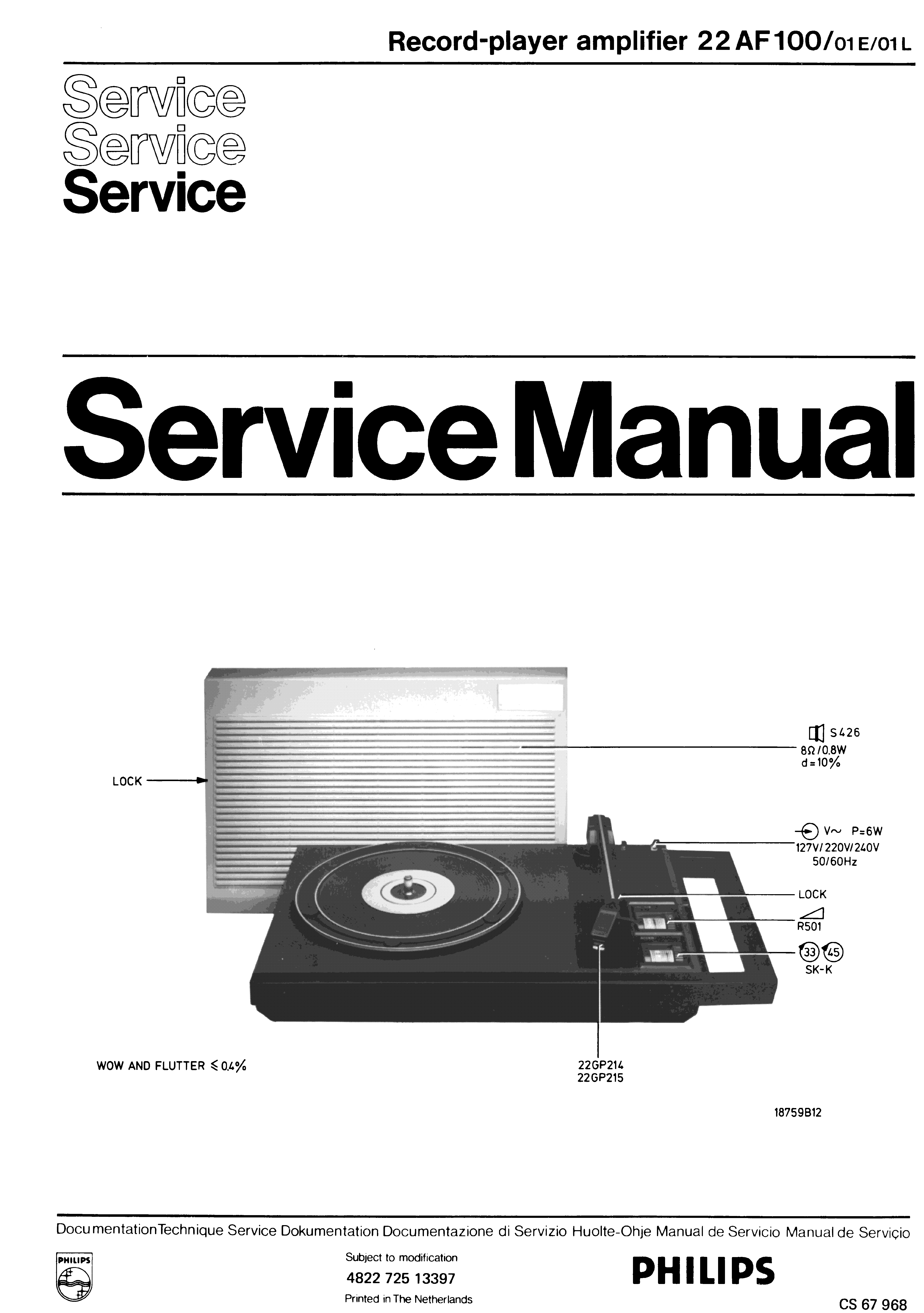 PHILIPS 22AF100 RECORD-PLAYER AMPLIFIER SM service manual (1st page)