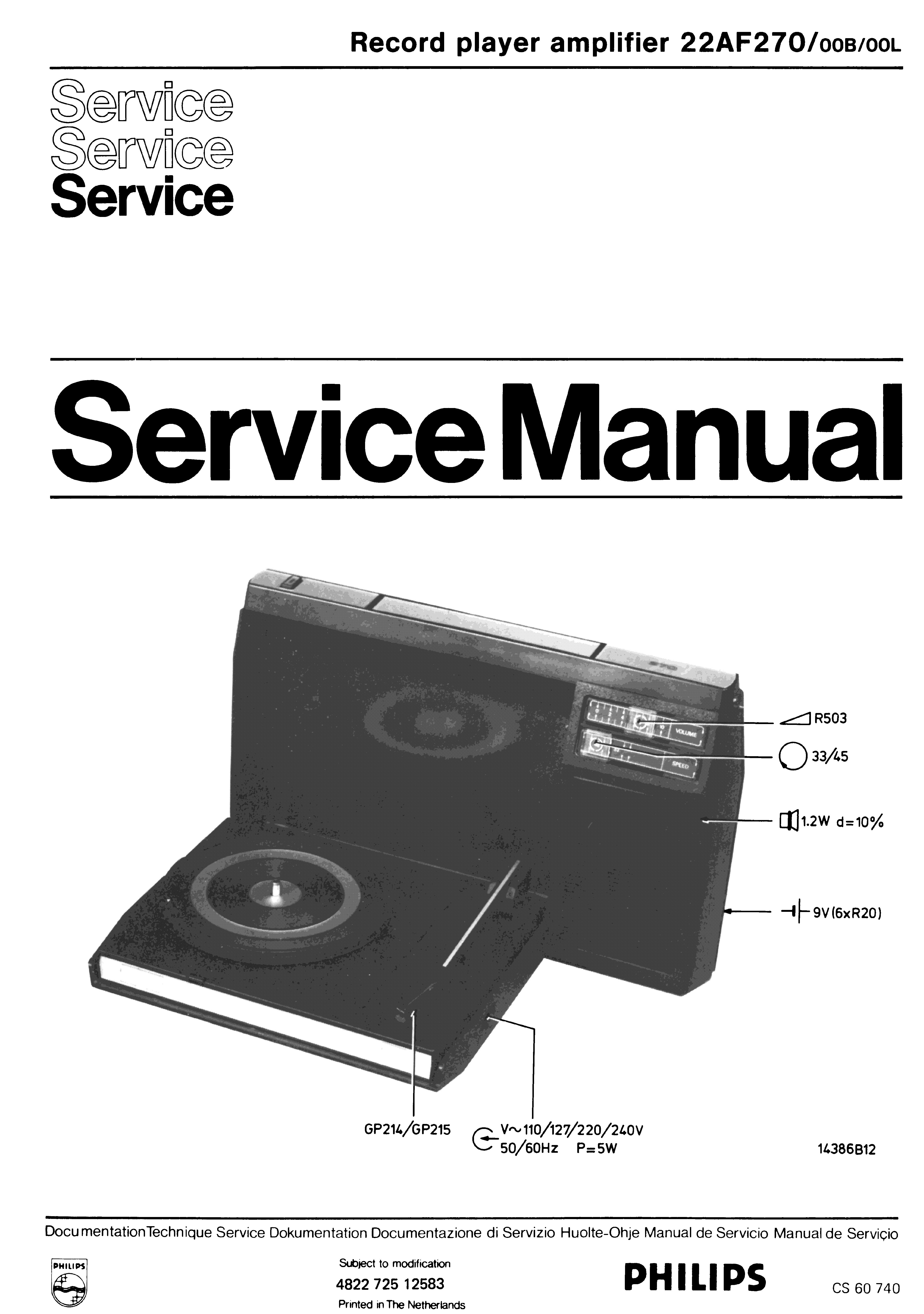 PHILIPS 22AF270 RECORD PLAYER AMPLIFIER SM service manual (1st page)