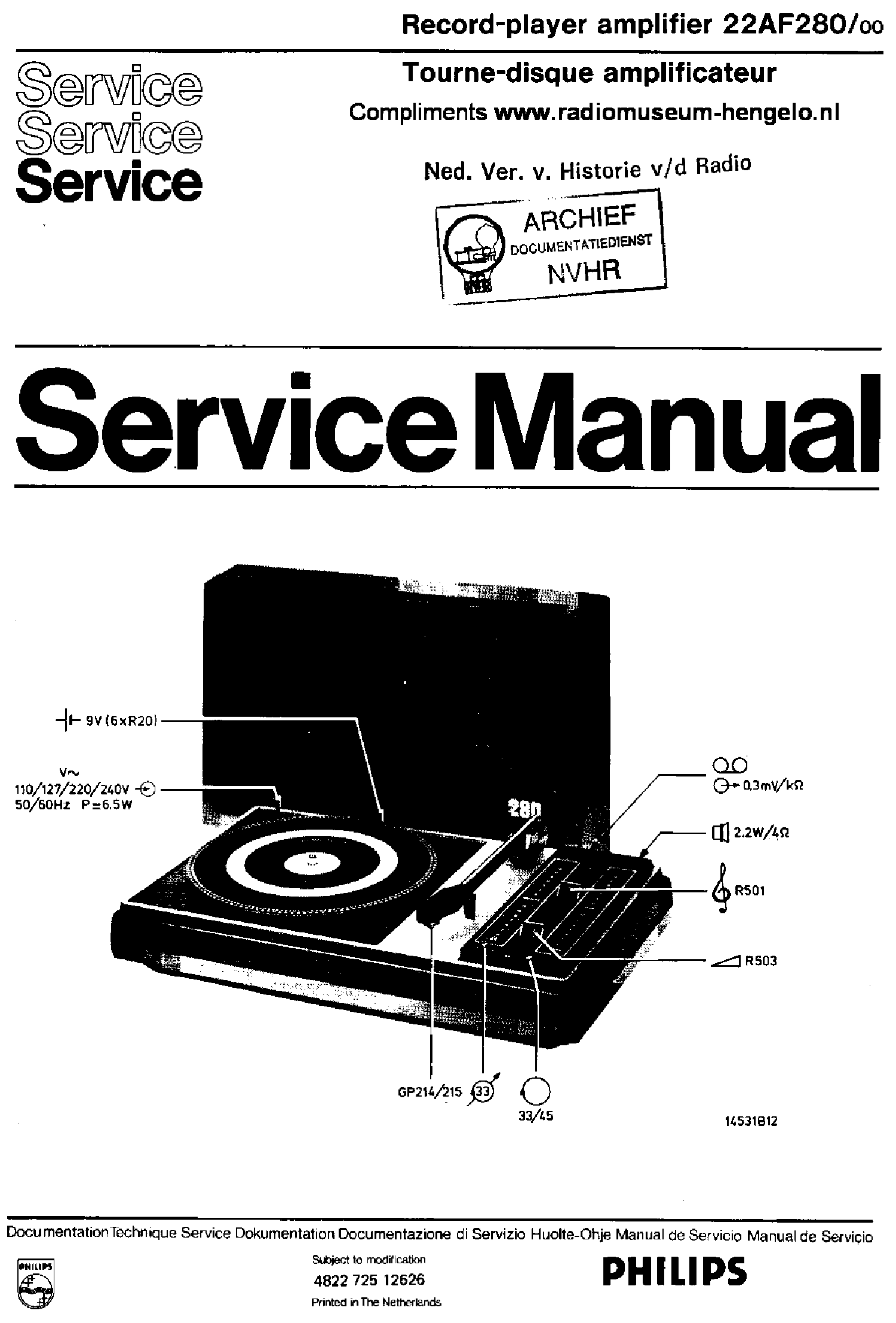 PHILIPS 22AF280-00 RECORD PLAYER AMPLIFIER SM service manual (1st page)
