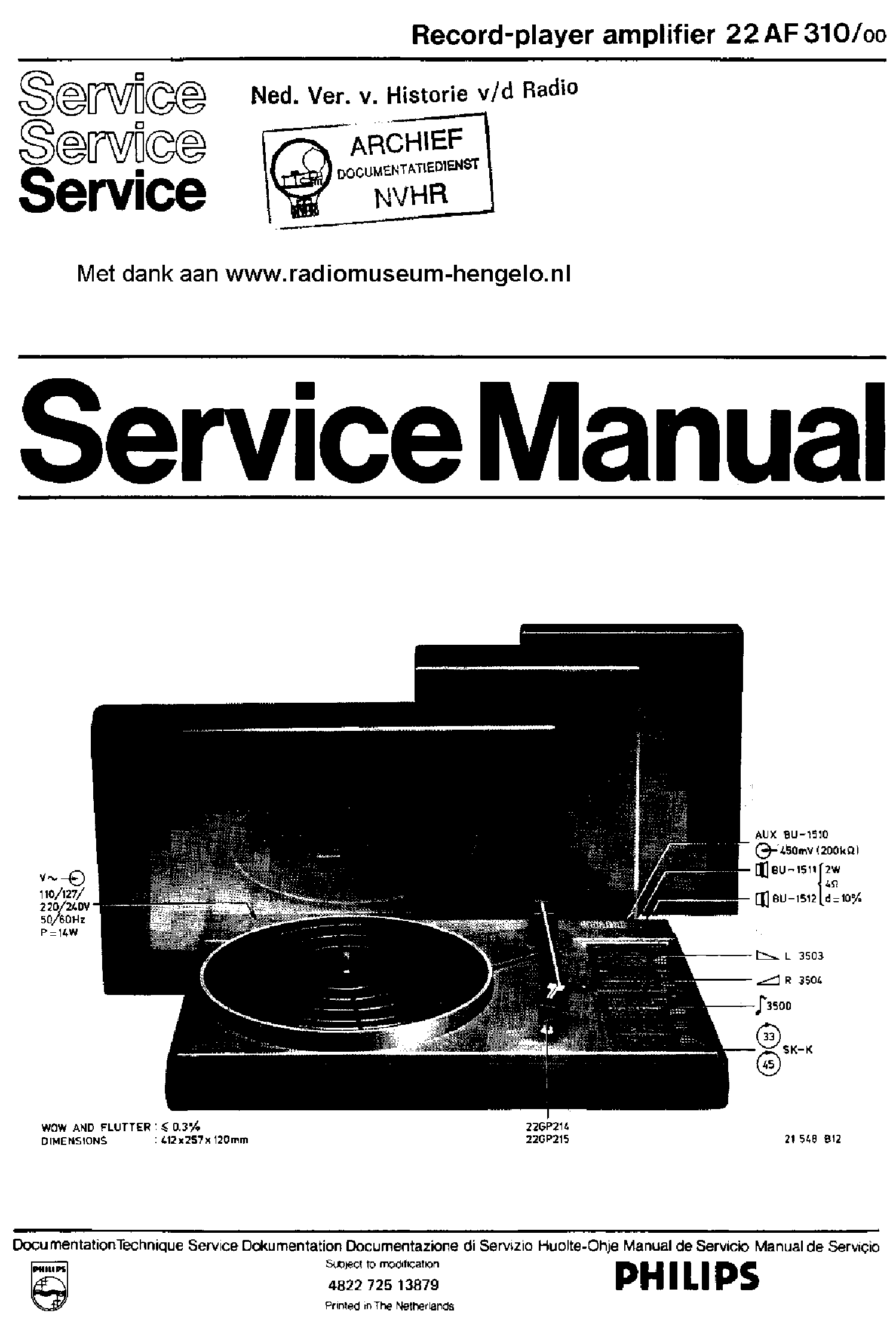 PHILIPS 22AF310-00 RECORD PLAYER AMPLIFIER SM service manual (1st page)