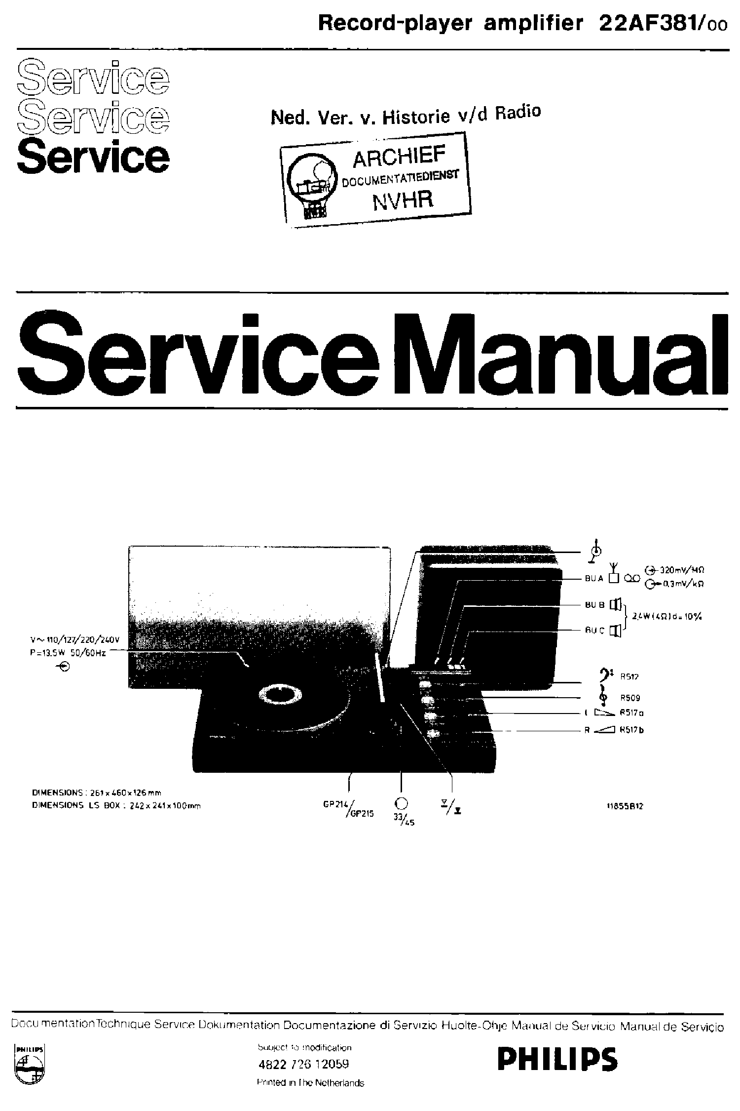PHILIPS 22AF381-00 RECORD PLAYER AMPLIFIER SM service manual (1st page)