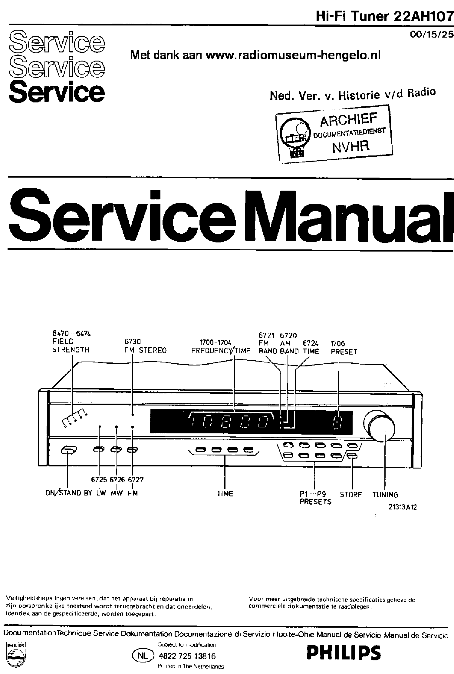 PHILIPS 22AH107-00-15-25 AM-FM HIFI STEREO TUNER SM service manual (1st page)
